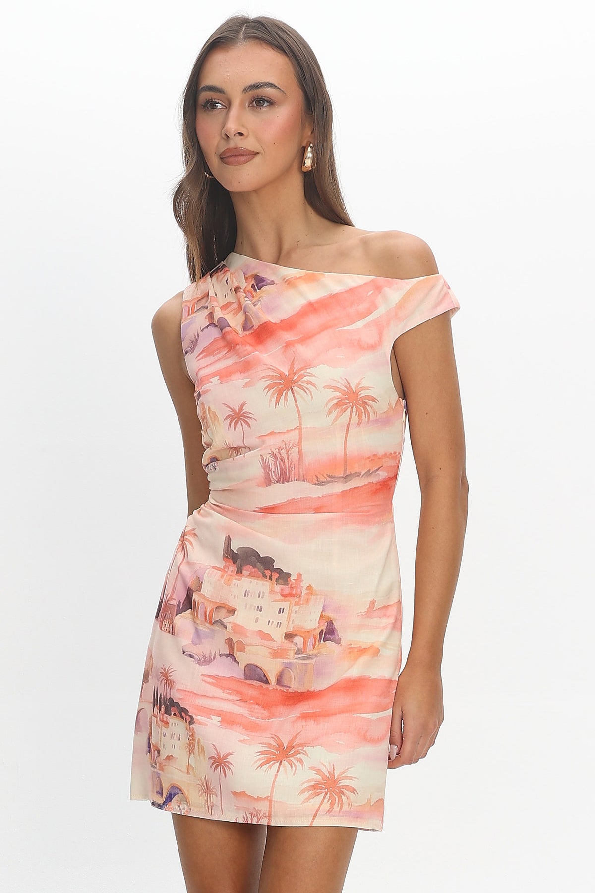 Heaven Darling Asymmetric Neckline Mini Dress Print Blush by Selfie Leslie Australia