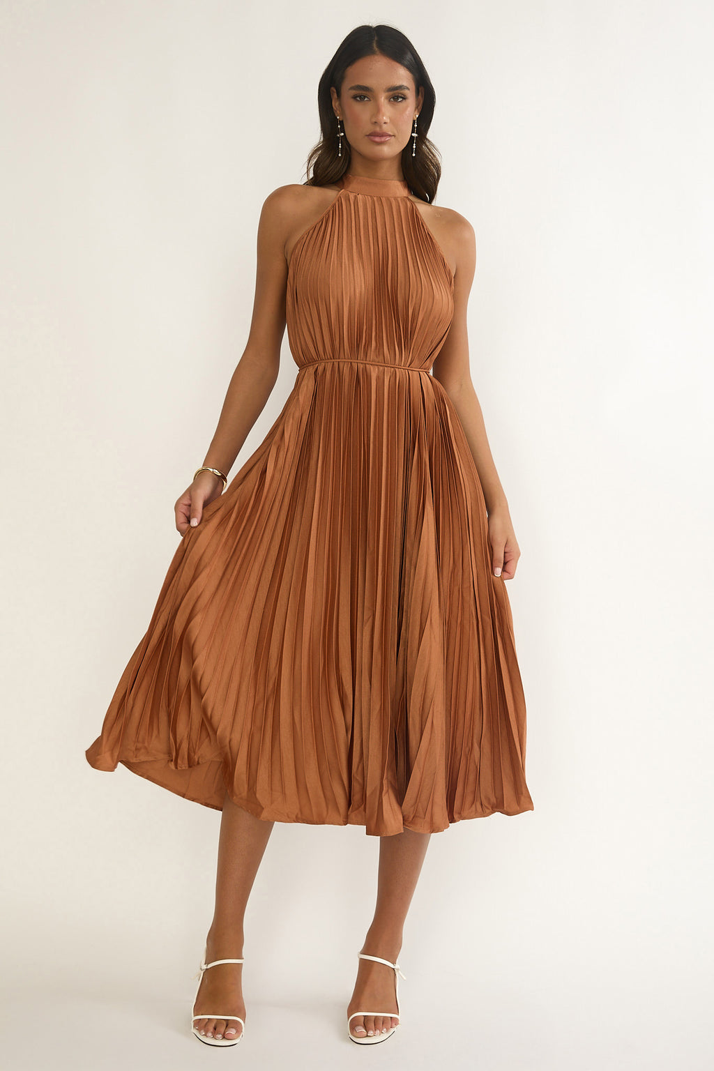 Sharaya Accordion Pleat Midi Dress Mocha by Selfie Leslie Australia