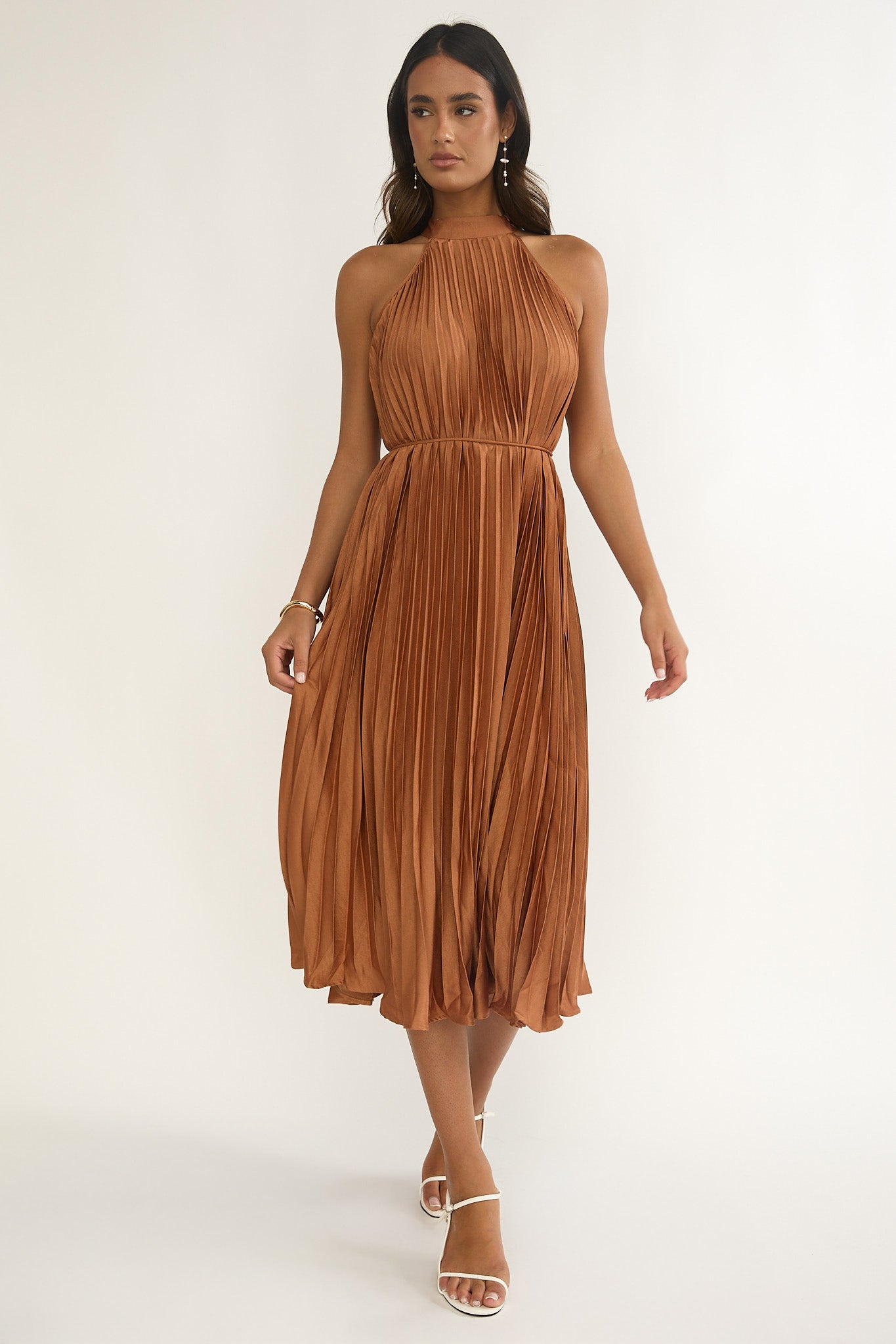 Sharaya Accordion Pleat Midi Dress Mocha by Selfie Leslie Australia