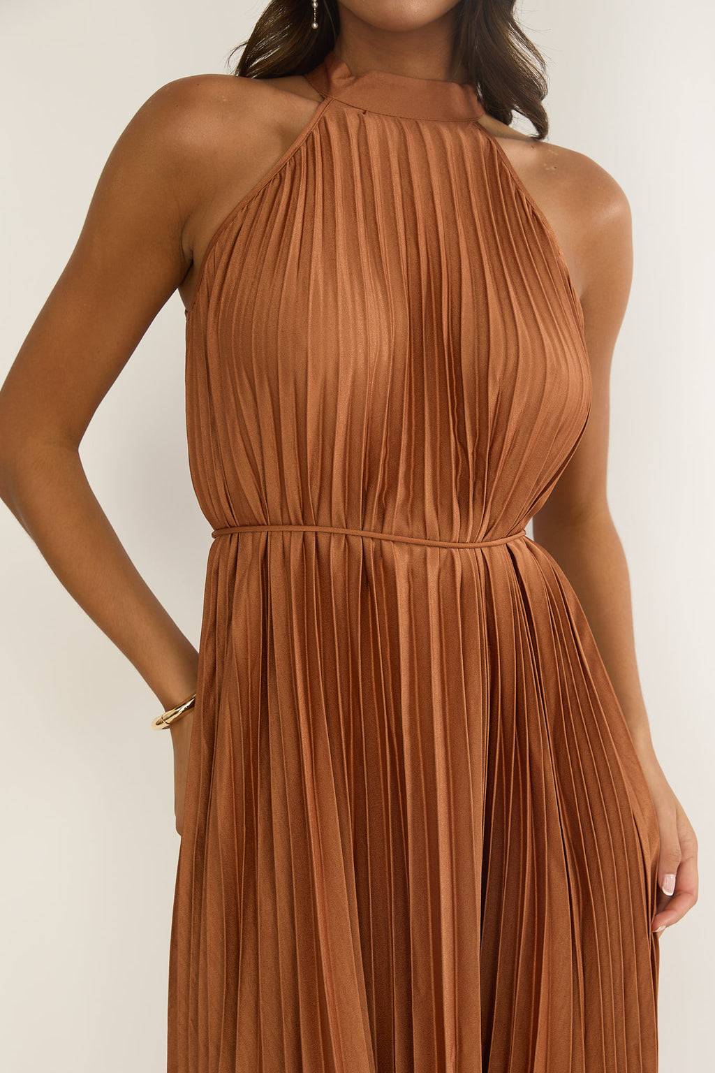 Sharaya Accordion Pleat Midi Dress Mocha by Selfie Leslie Australia