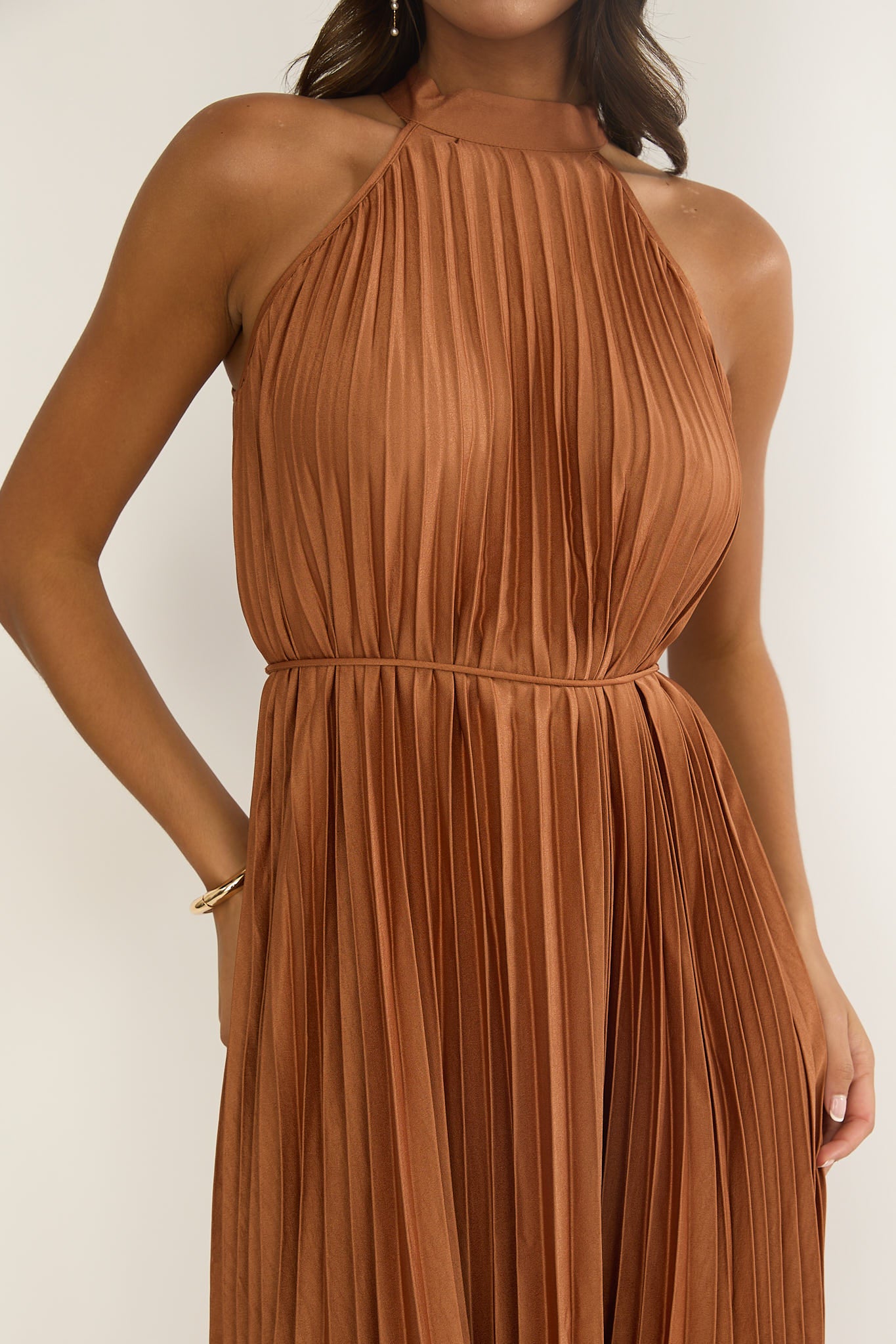Sharaya Accordion Pleat Midi Dress Mocha by Selfie Leslie Australia