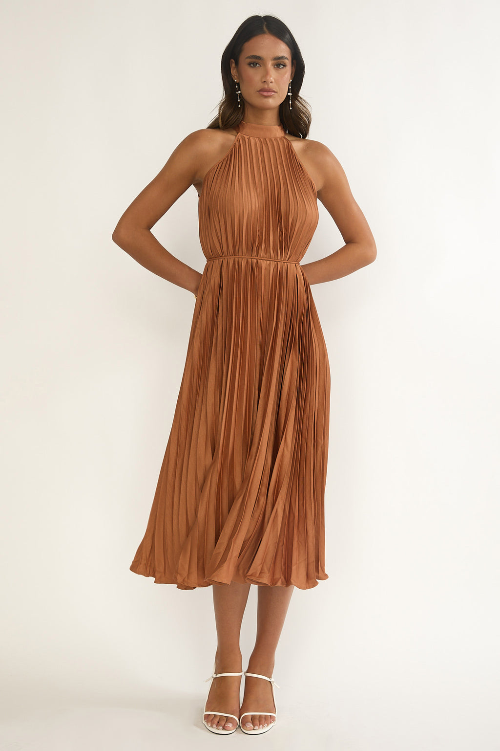 Sharaya Accordion Pleat Midi Dress Mocha by Selfie Leslie Australia