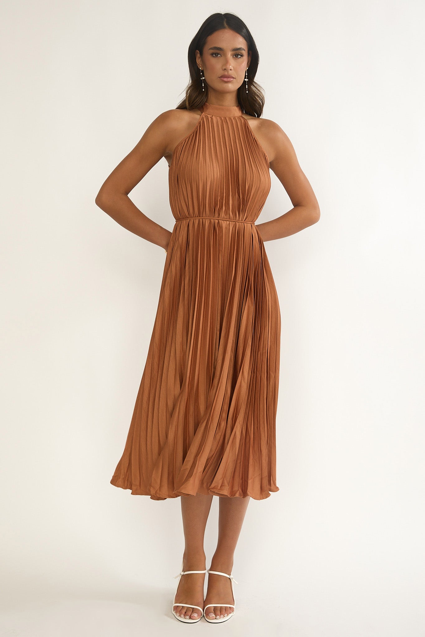 Sharaya Accordion Pleat Midi Dress Mocha by Selfie Leslie Australia