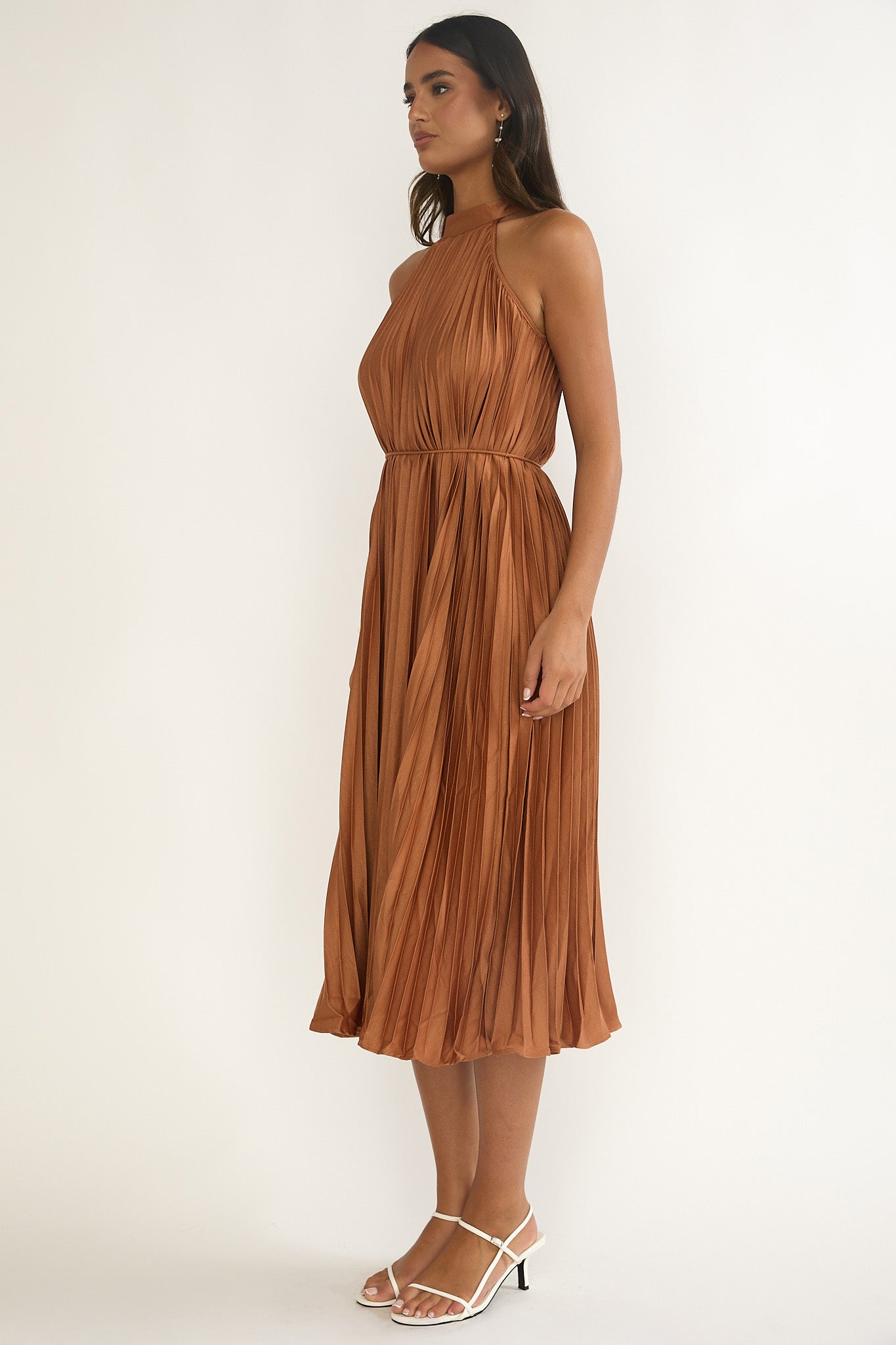 Sharaya Accordion Pleat Midi Dress Mocha by Selfie Leslie Australia