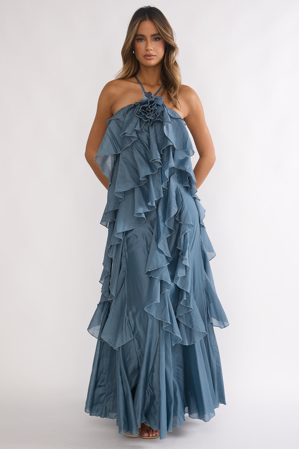 Oceara Ruffle Trim Spaghetti Strap Maxi Dress Slate Blue by Selfie Leslie Australia