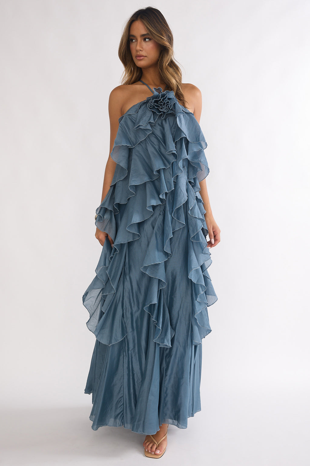 Oceara Ruffle Trim Spaghetti Strap Maxi Dress Slate Blue by Selfie Leslie Australia
