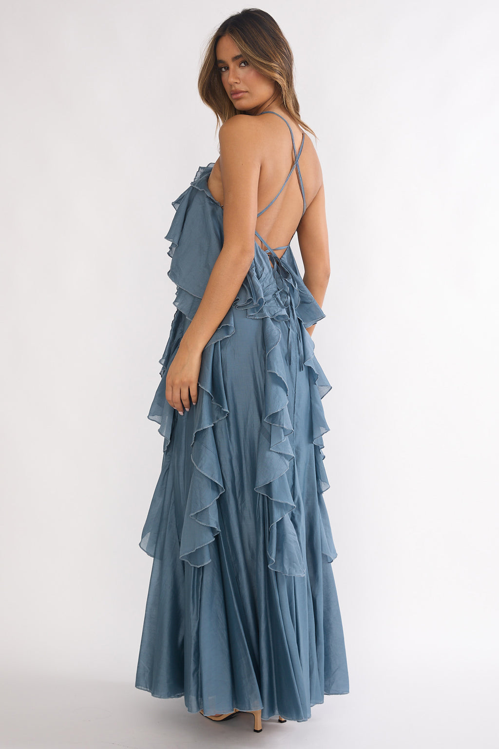 Oceara Ruffle Trim Spaghetti Strap Maxi Dress Slate Blue by Selfie Leslie Australia