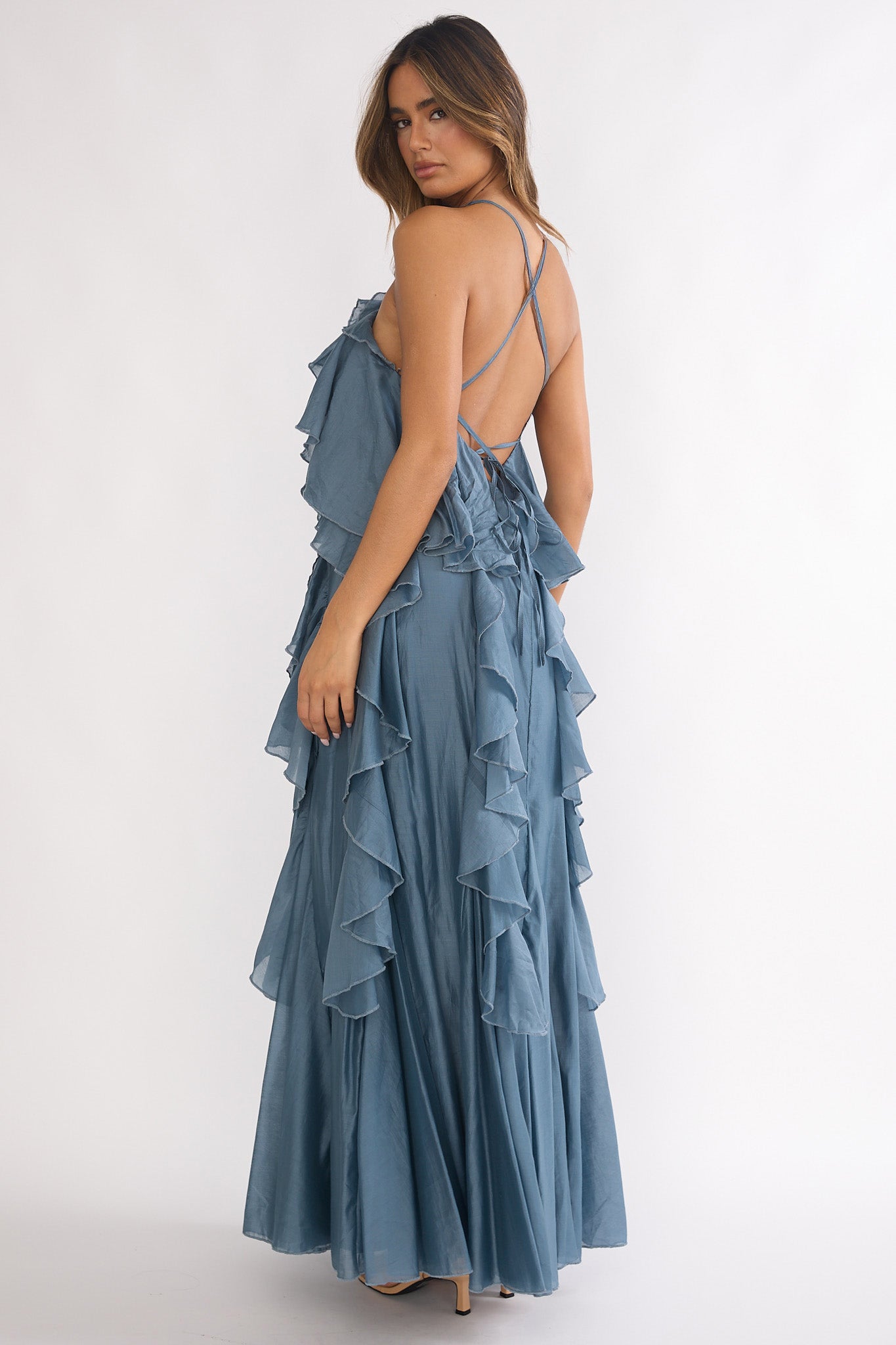 Oceara Ruffle Trim Spaghetti Strap Maxi Dress Slate Blue by Selfie Leslie Australia