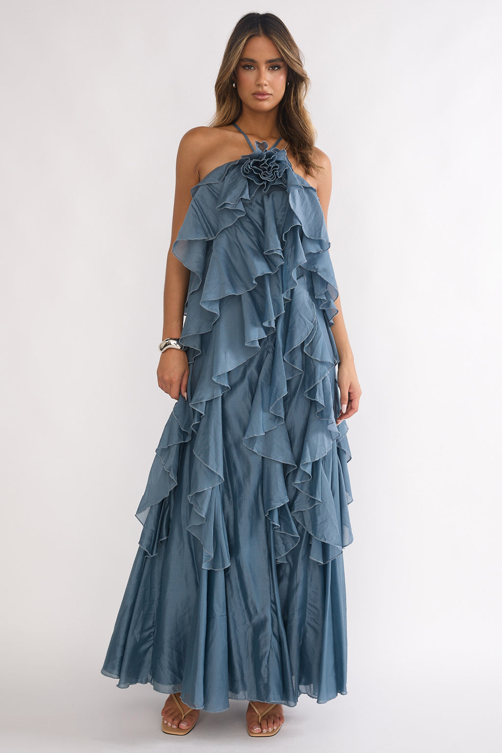 Oceara Ruffle Trim Spaghetti Strap Maxi Dress Slate Blue by Selfie Leslie Australia