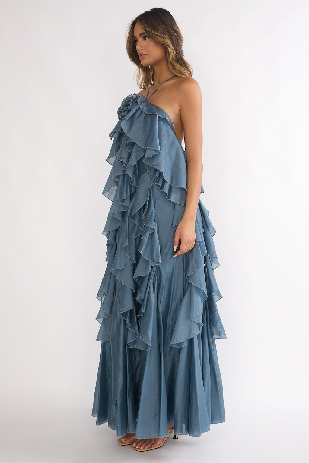 Oceara Ruffle Trim Spaghetti Strap Maxi Dress Slate Blue by Selfie Leslie Australia