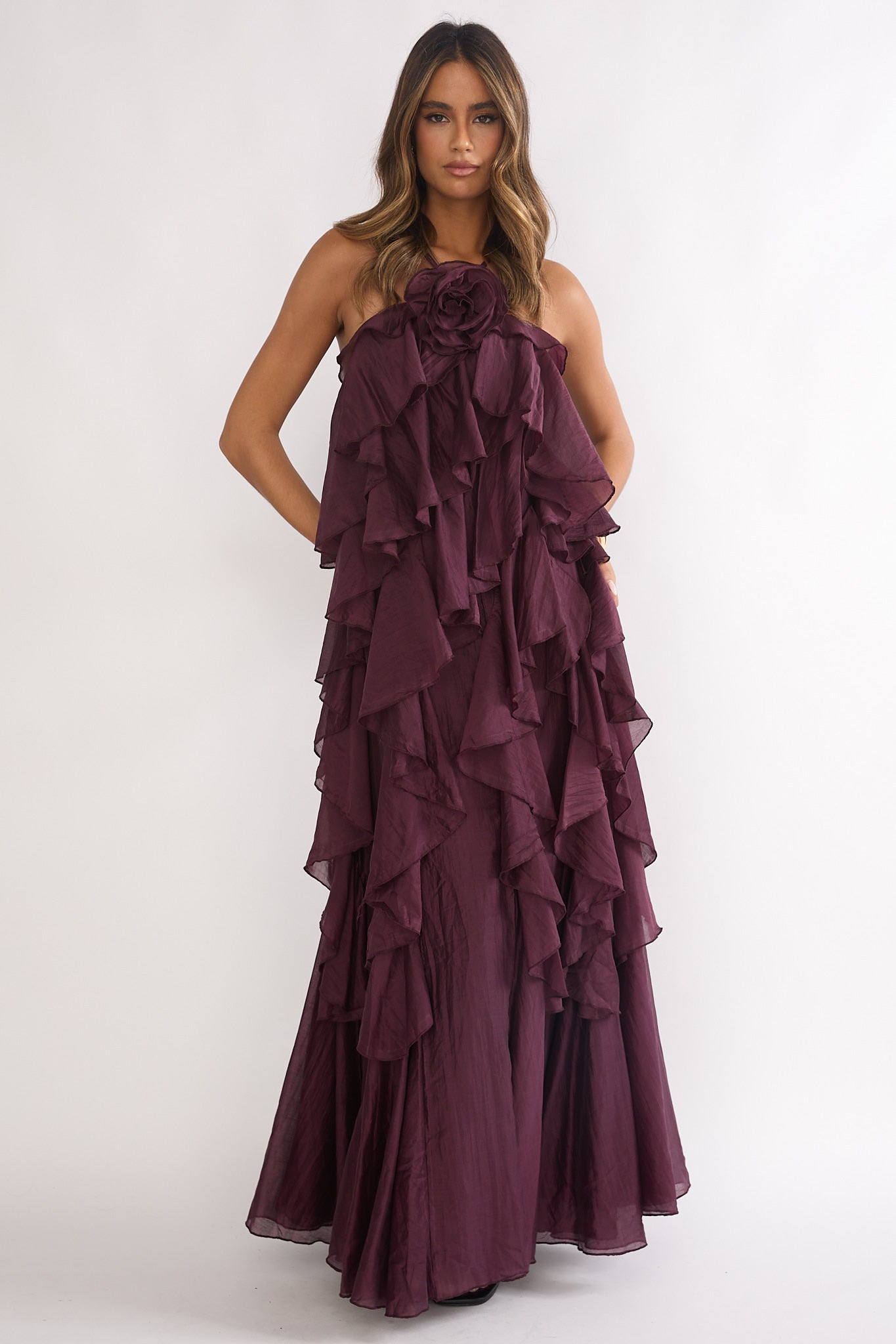 Secret Rendezvous Layered Ruffle Maxi Dress Maroon by Selfie Leslie Australia