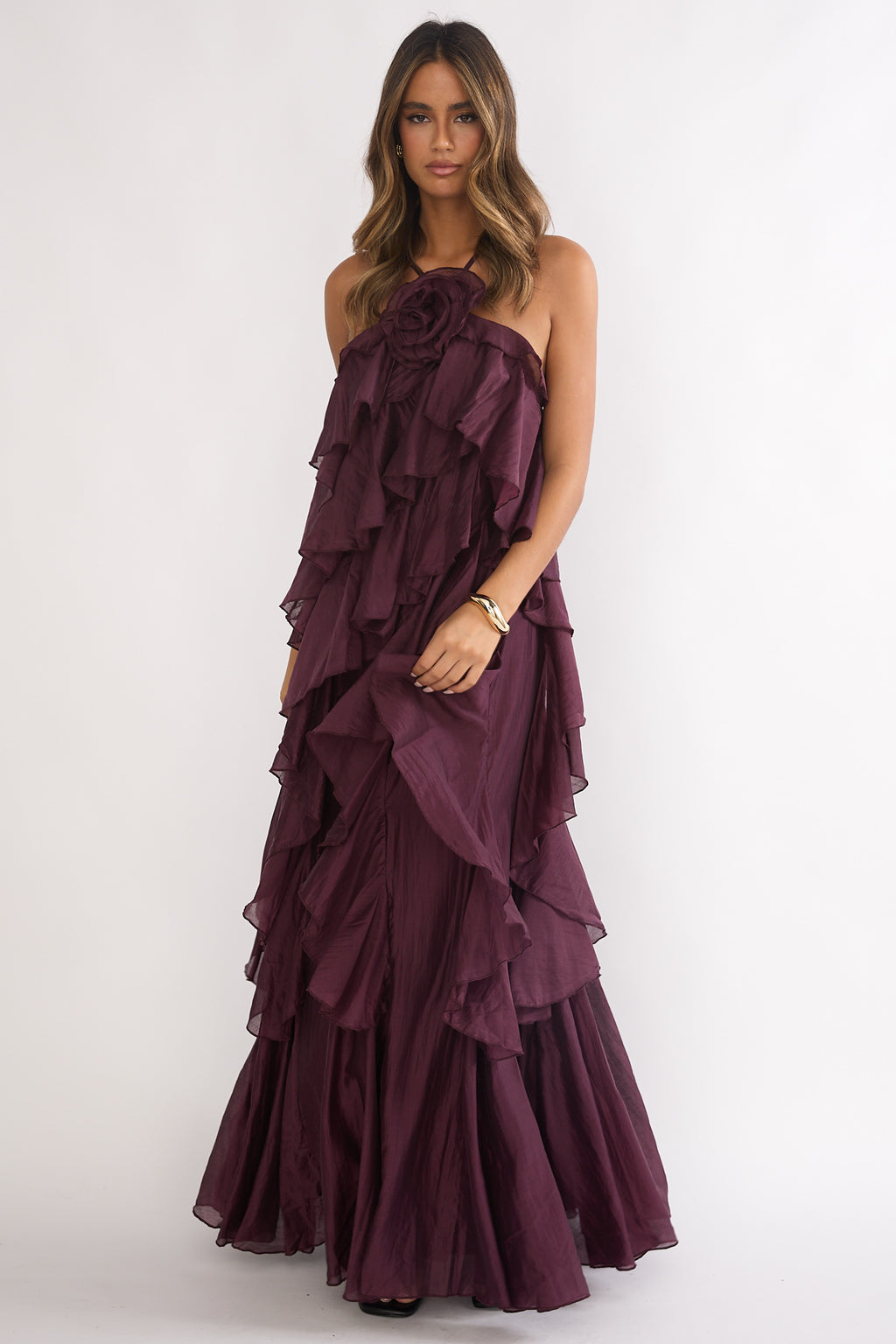 Secret Rendezvous Layered Ruffle Maxi Dress Maroon by Selfie Leslie Australia