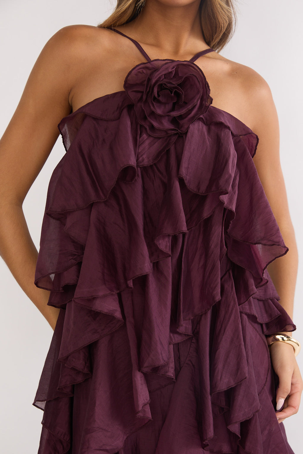 Secret Rendezvous Layered Ruffle Maxi Dress Maroon by Selfie Leslie Australia