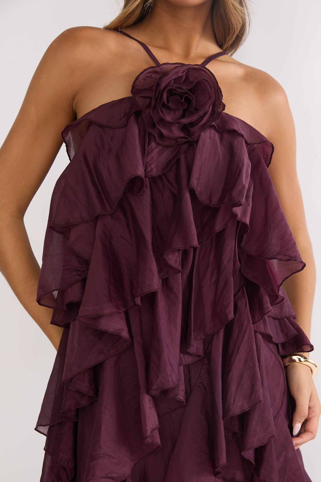 Secret Rendezvous Layered Ruffle Maxi Dress Maroon by Selfie Leslie Australia