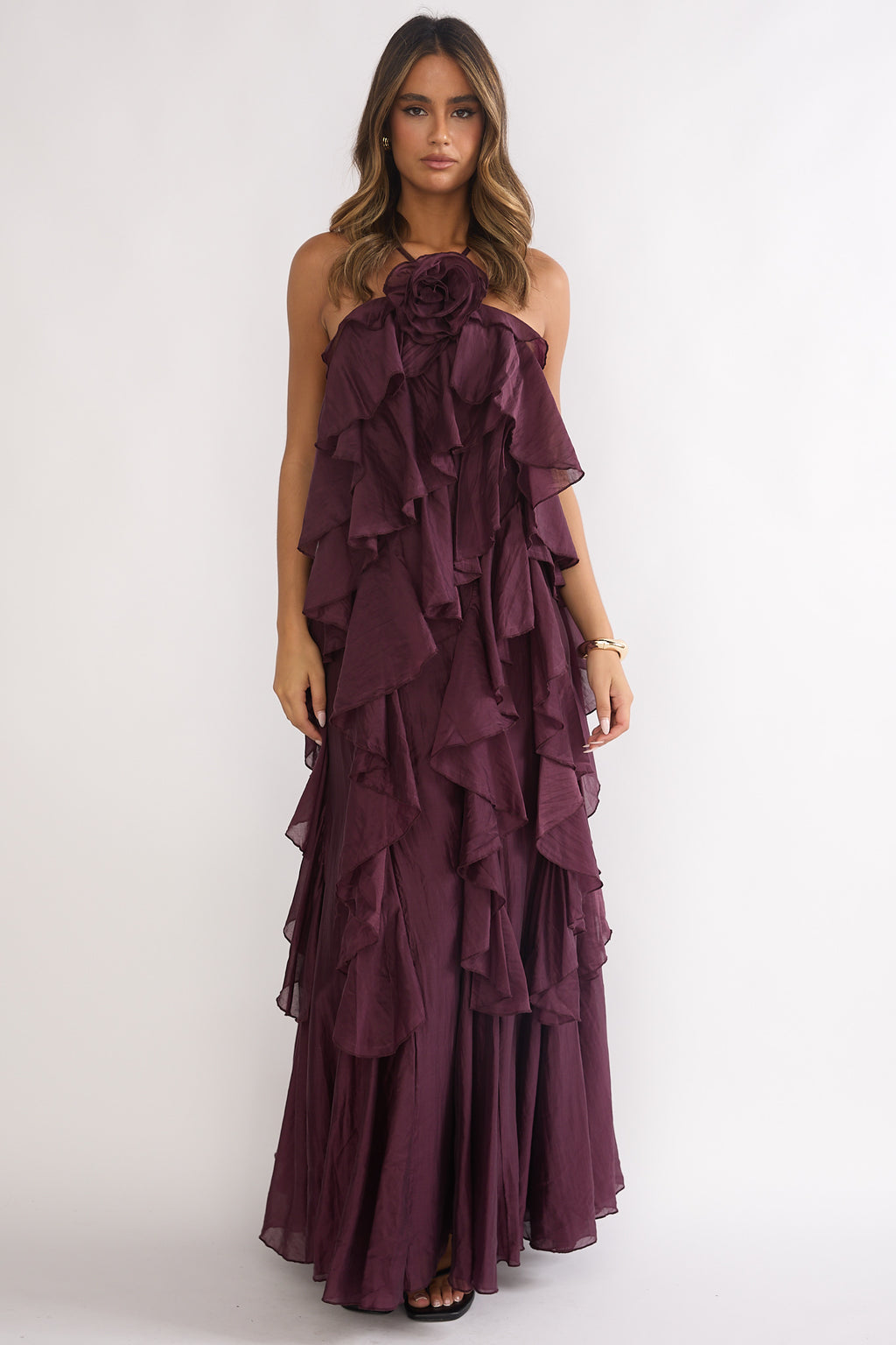 Secret Rendezvous Layered Ruffle Maxi Dress Maroon by Selfie Leslie Australia