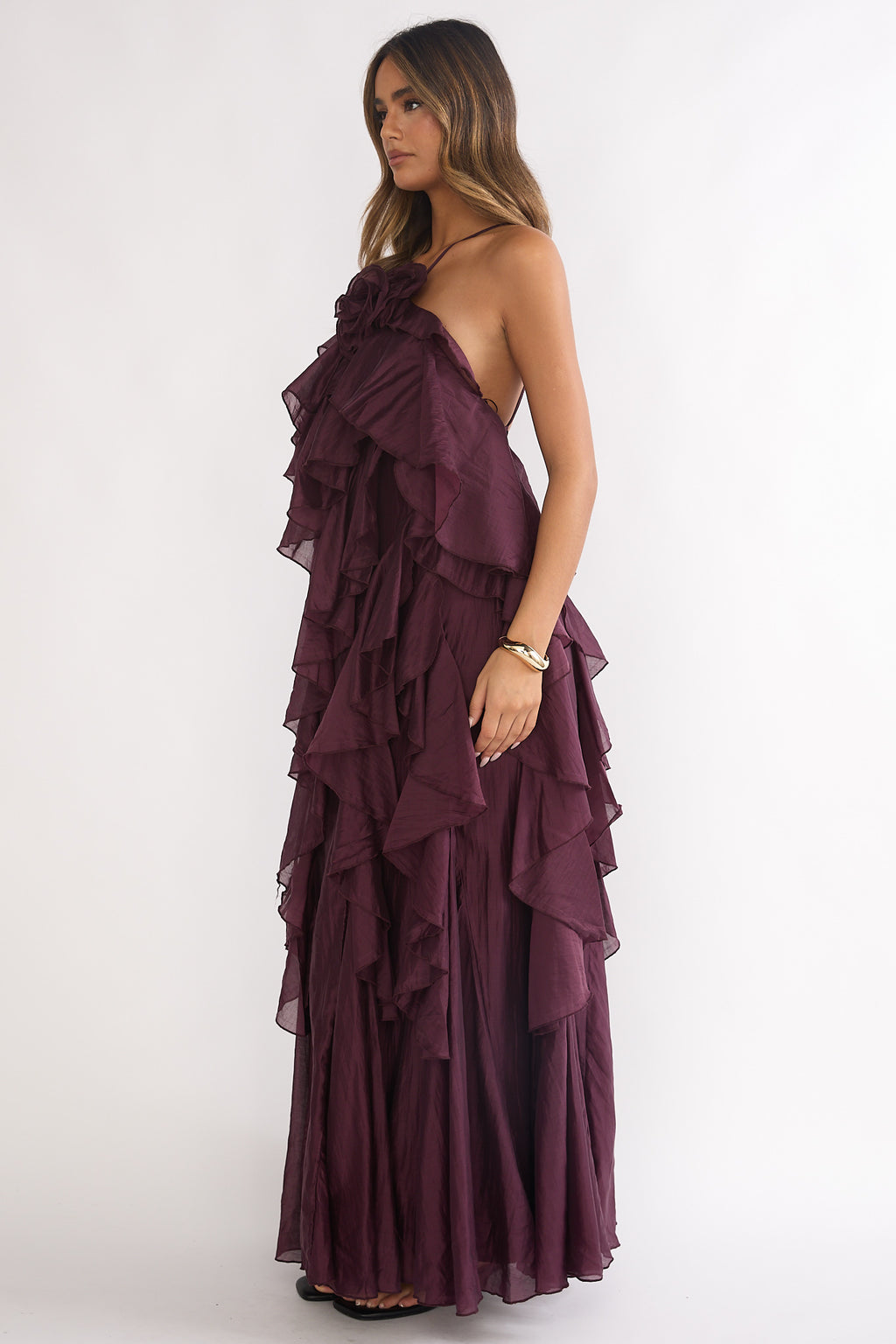 Secret Rendezvous Layered Ruffle Maxi Dress Maroon by Selfie Leslie Australia