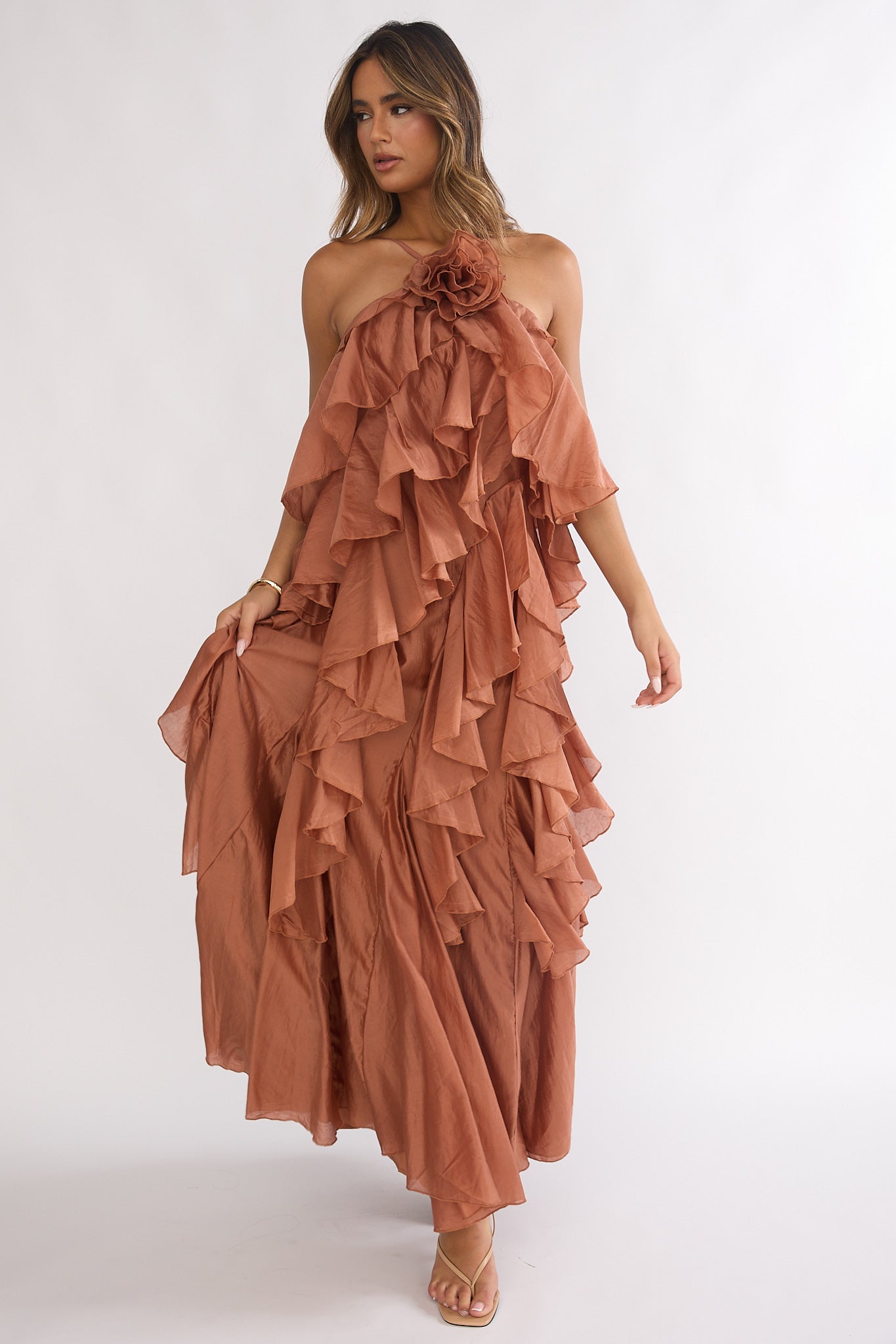 Secret Rendezvous Layered Ruffle Maxi Dress Rust by Selfie Leslie Australia