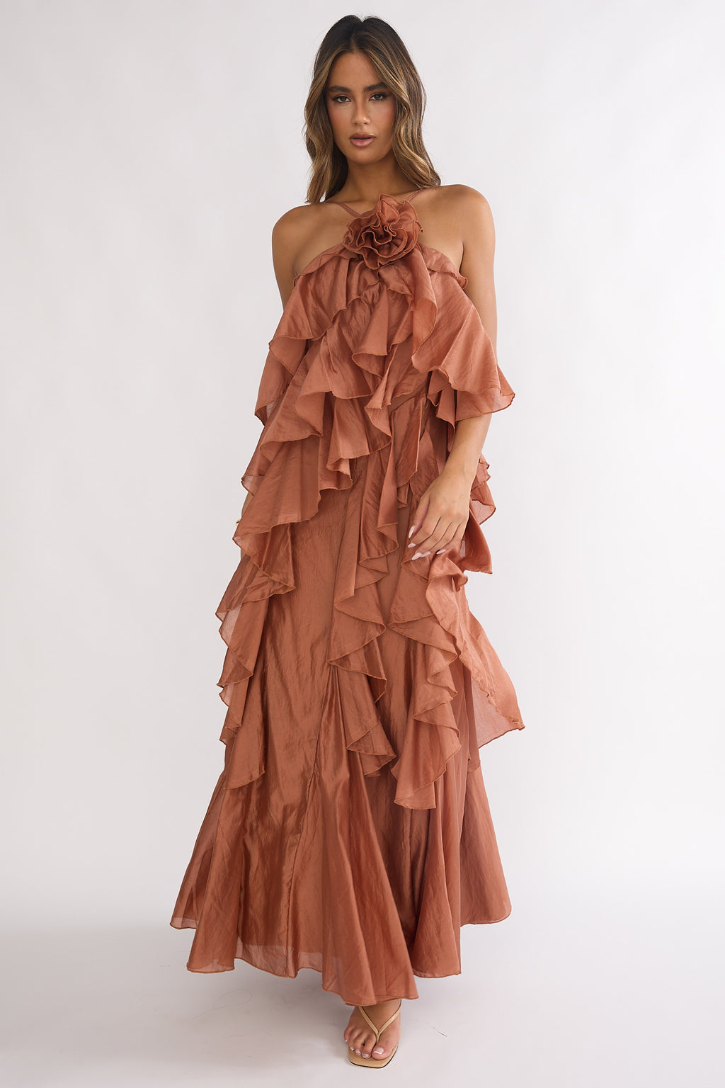 Secret Rendezvous Layered Ruffle Maxi Dress Rust by Selfie Leslie Australia
