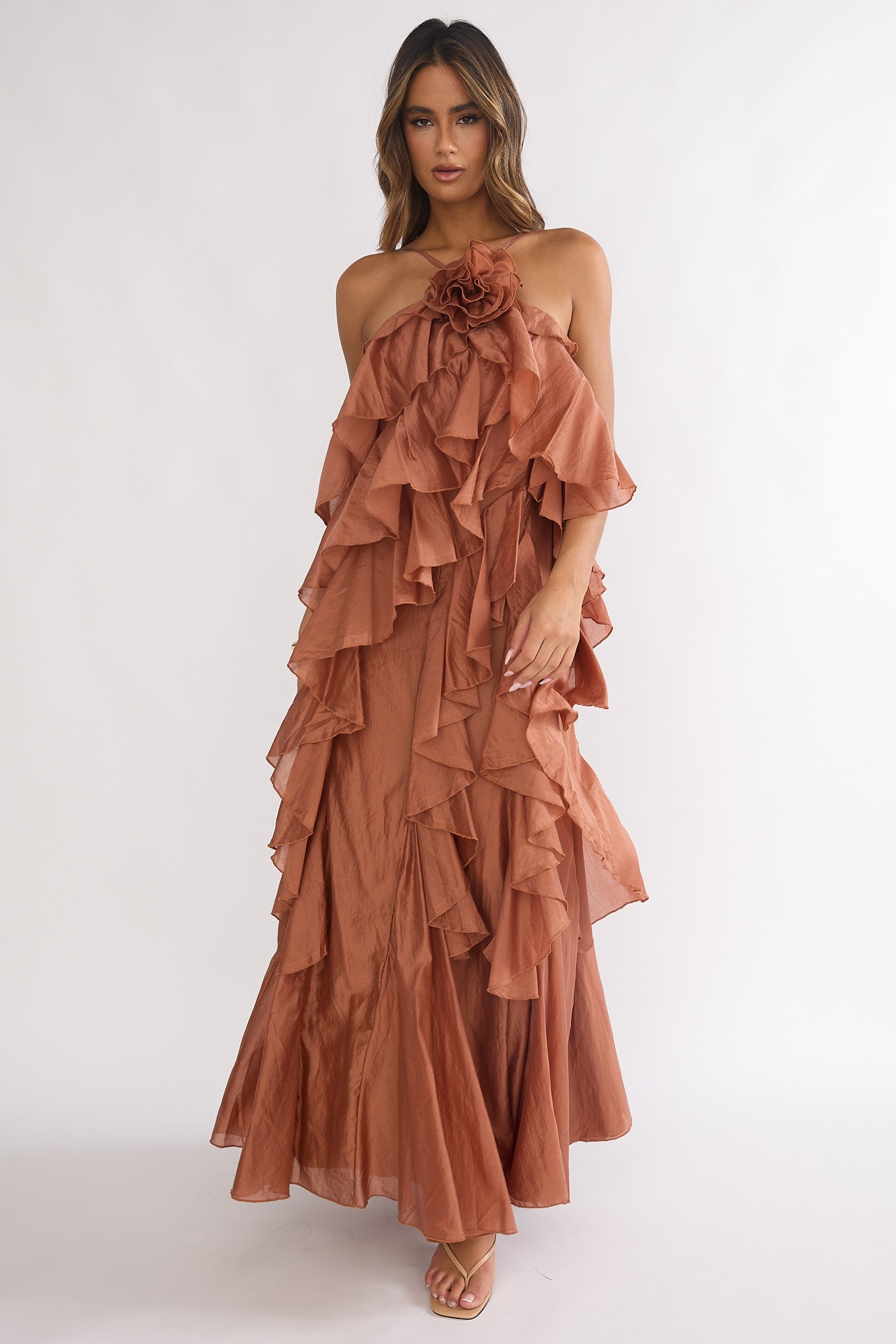 Secret Rendezvous Layered Ruffle Maxi Dress Rust by Selfie Leslie Australia