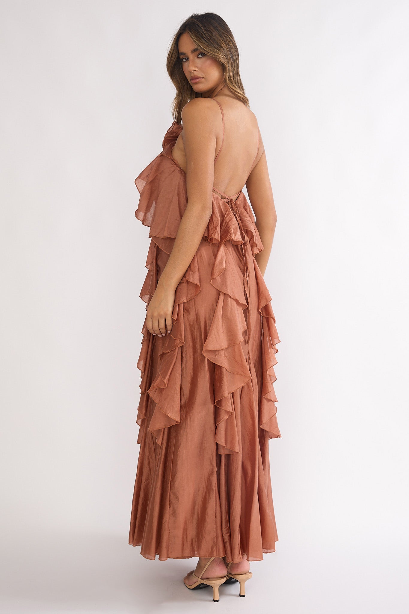 Secret Rendezvous Layered Ruffle Maxi Dress Rust
