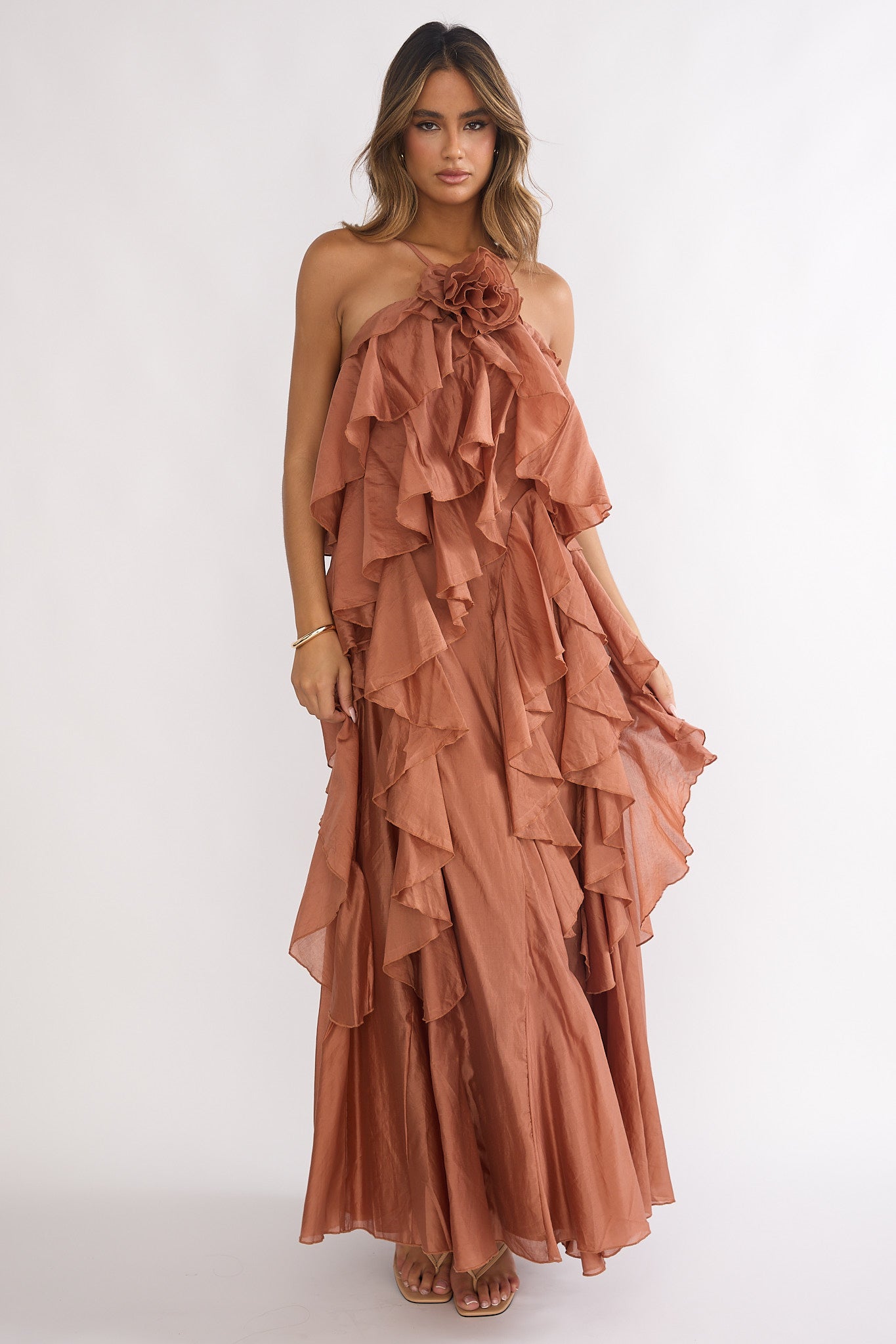 Secret Rendezvous Layered Ruffle Maxi Dress Rust by Selfie Leslie Australia
