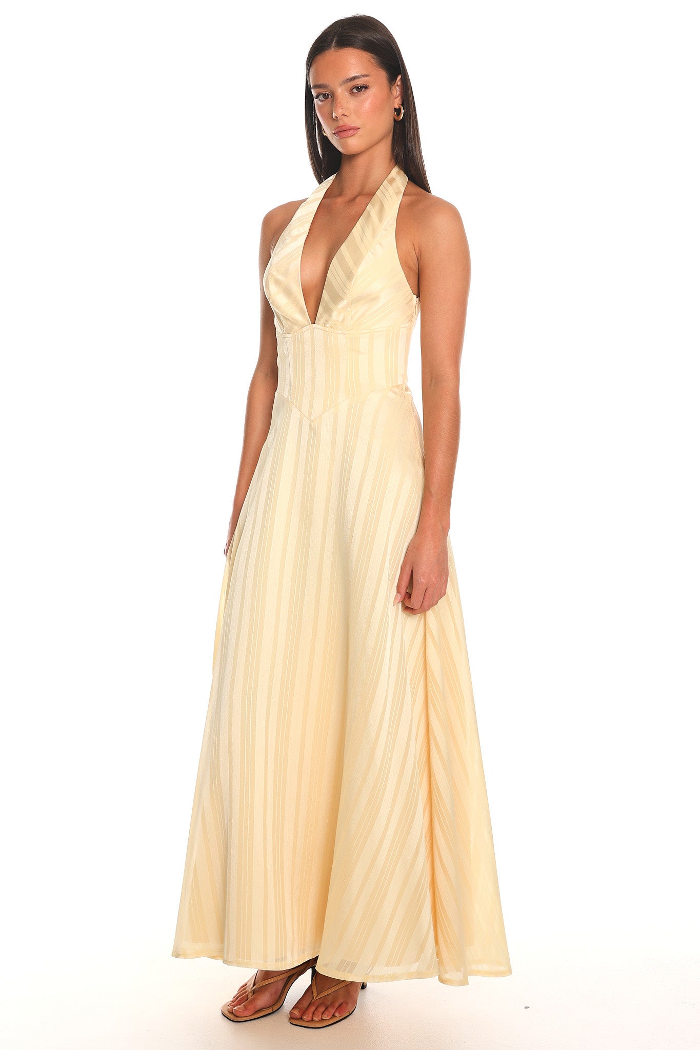 Sunstripe Plunge Halter Maxi Dress Yellow