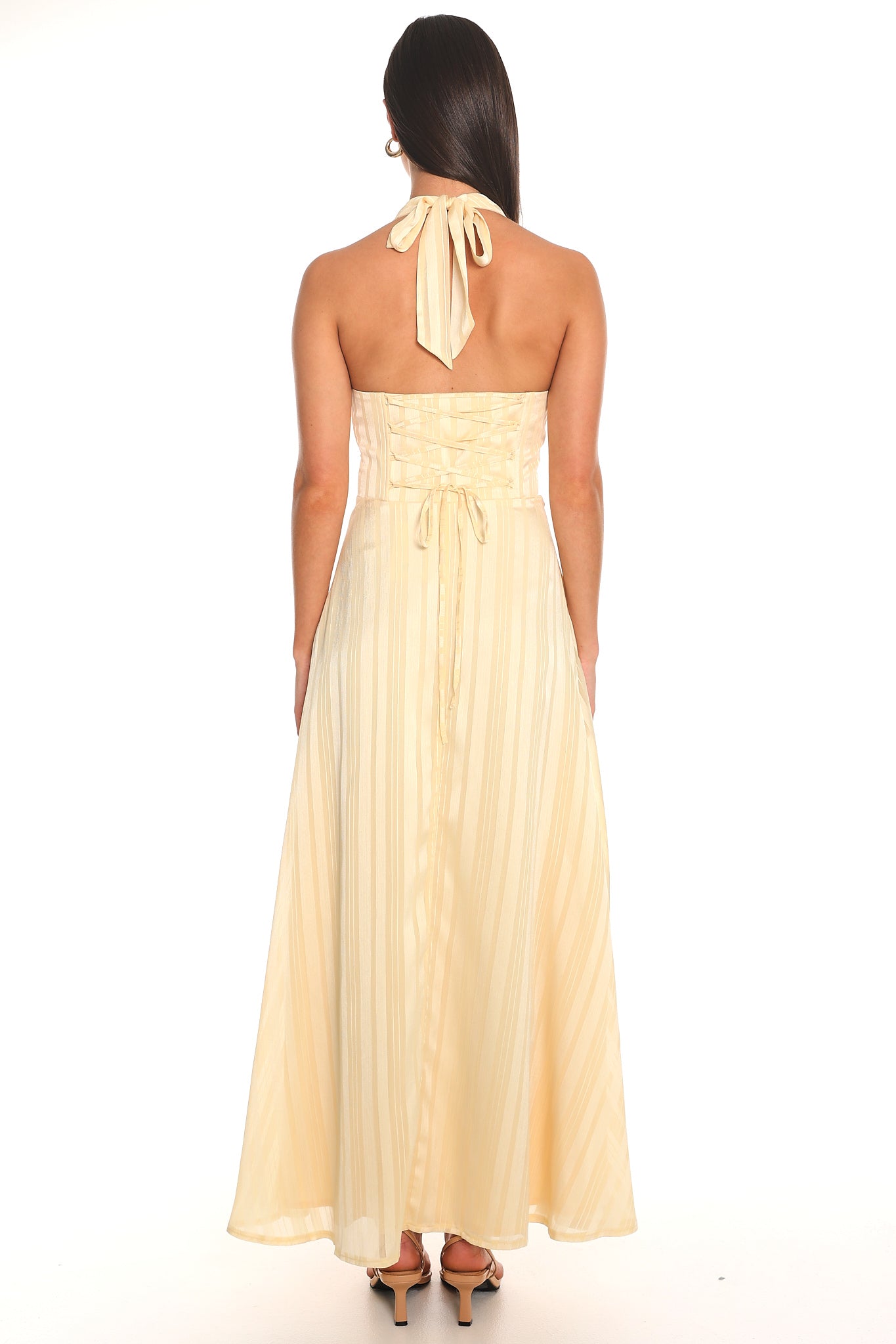 Sunstripe Plunge Halter Maxi Dress Yellow