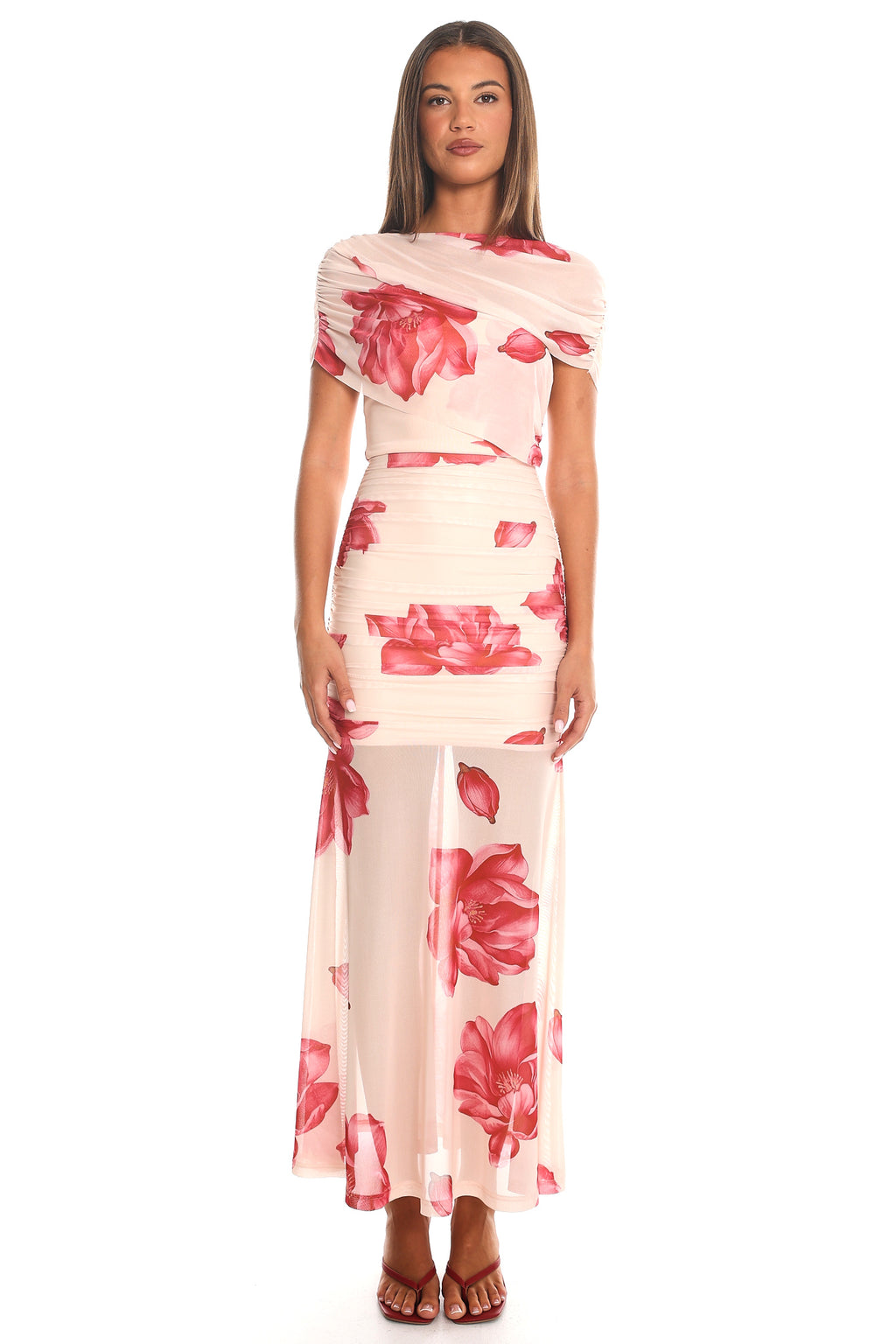 Camellia Nights Draped Mesh Maxi Dress Pink