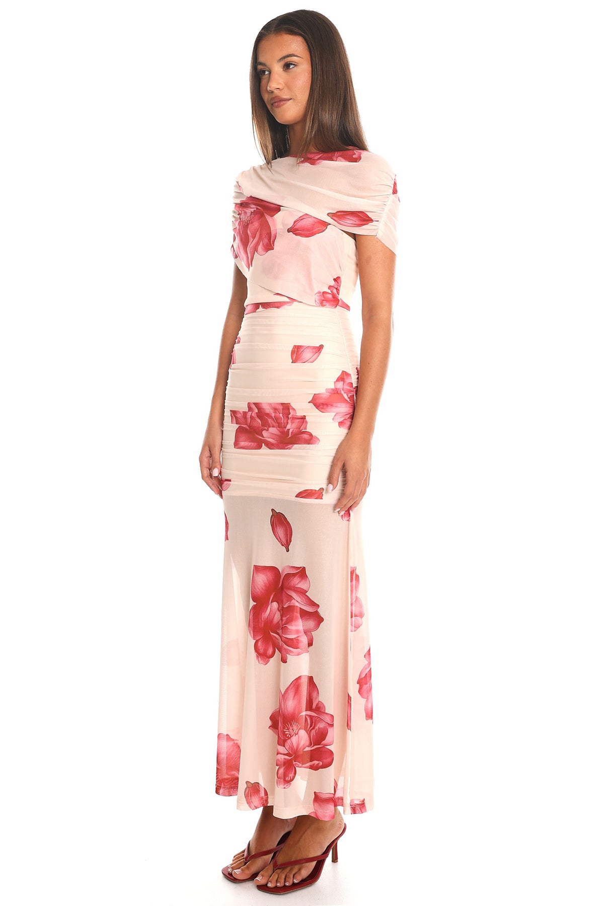 Camellia Nights Draped Mesh Maxi Dress Pink