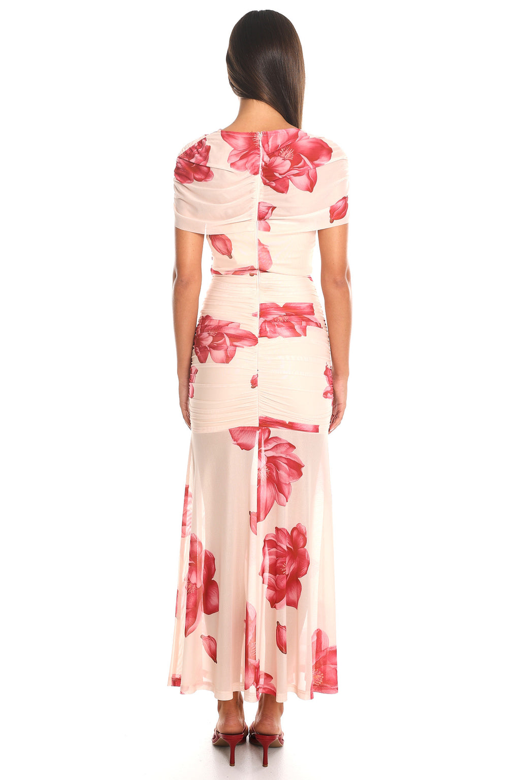 Camellia Nights Draped Mesh Maxi Dress Pink