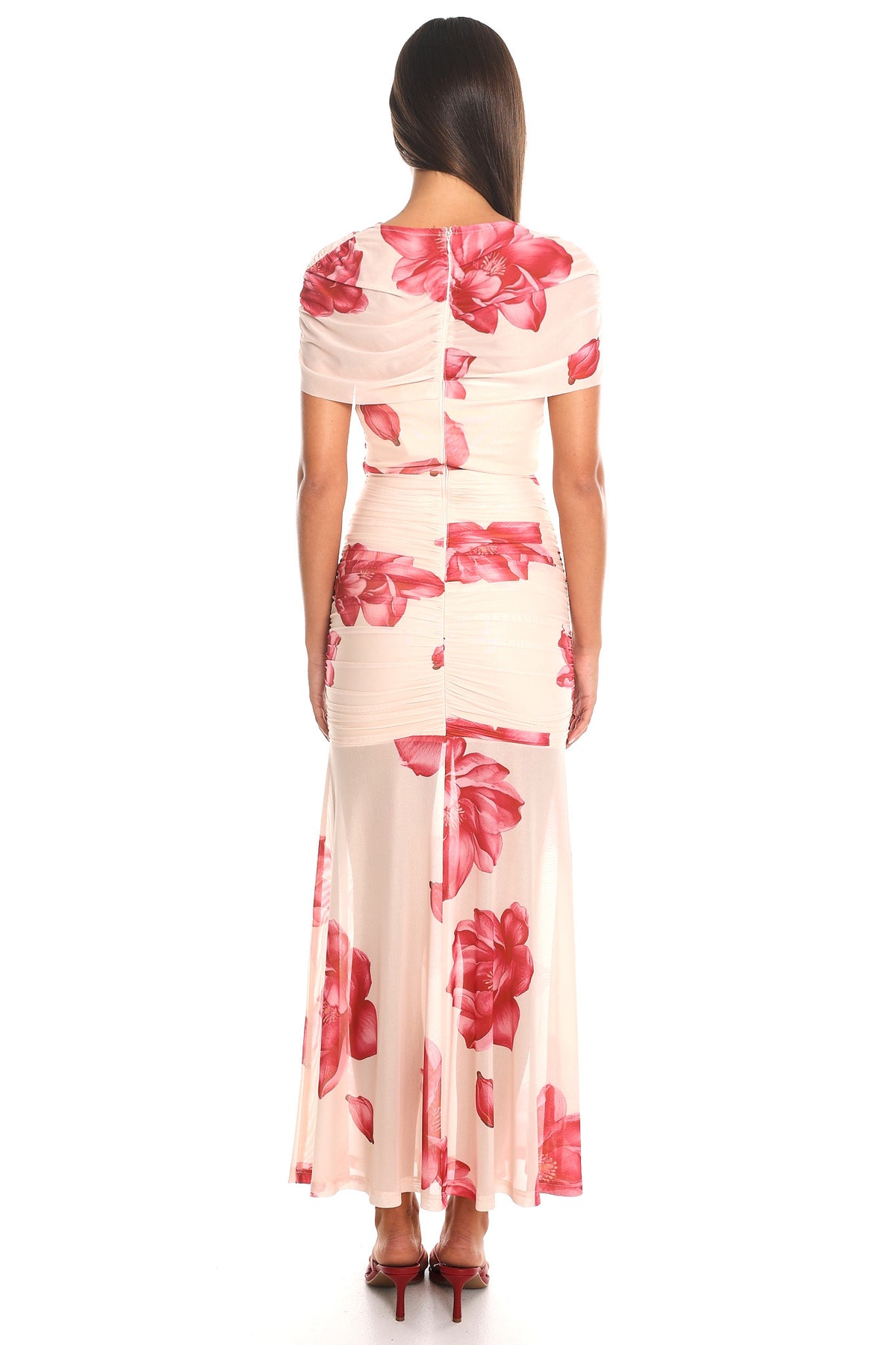 Camellia Nights Draped Mesh Maxi Dress Pink