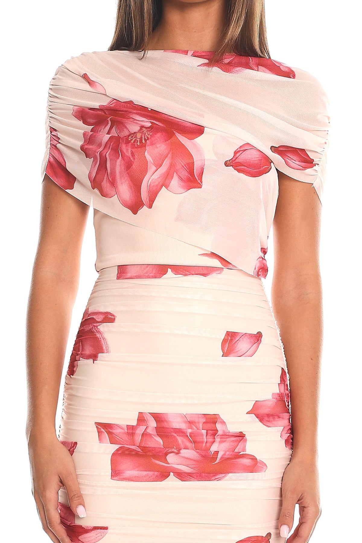 Camellia Nights Draped Mesh Maxi Dress Pink