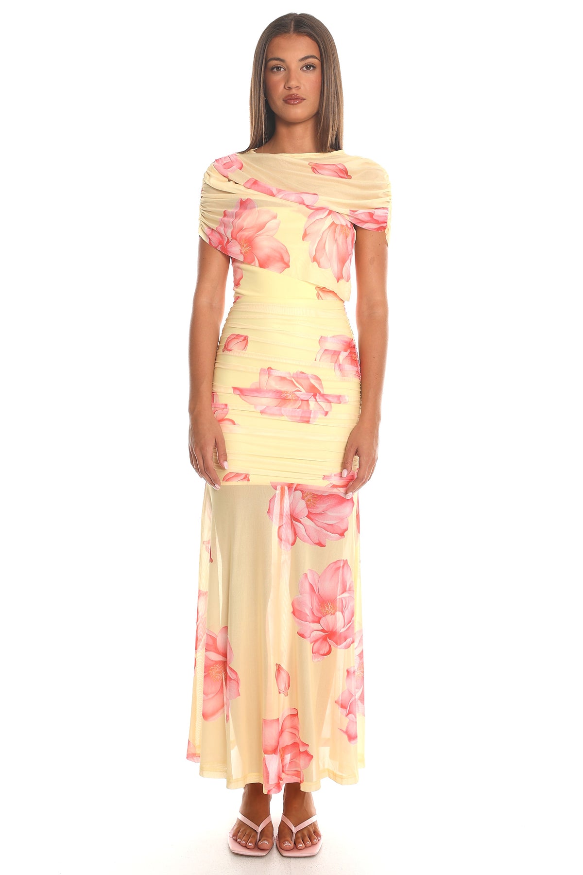 Camellia Nights Draped Mesh Maxi Dress Yellow