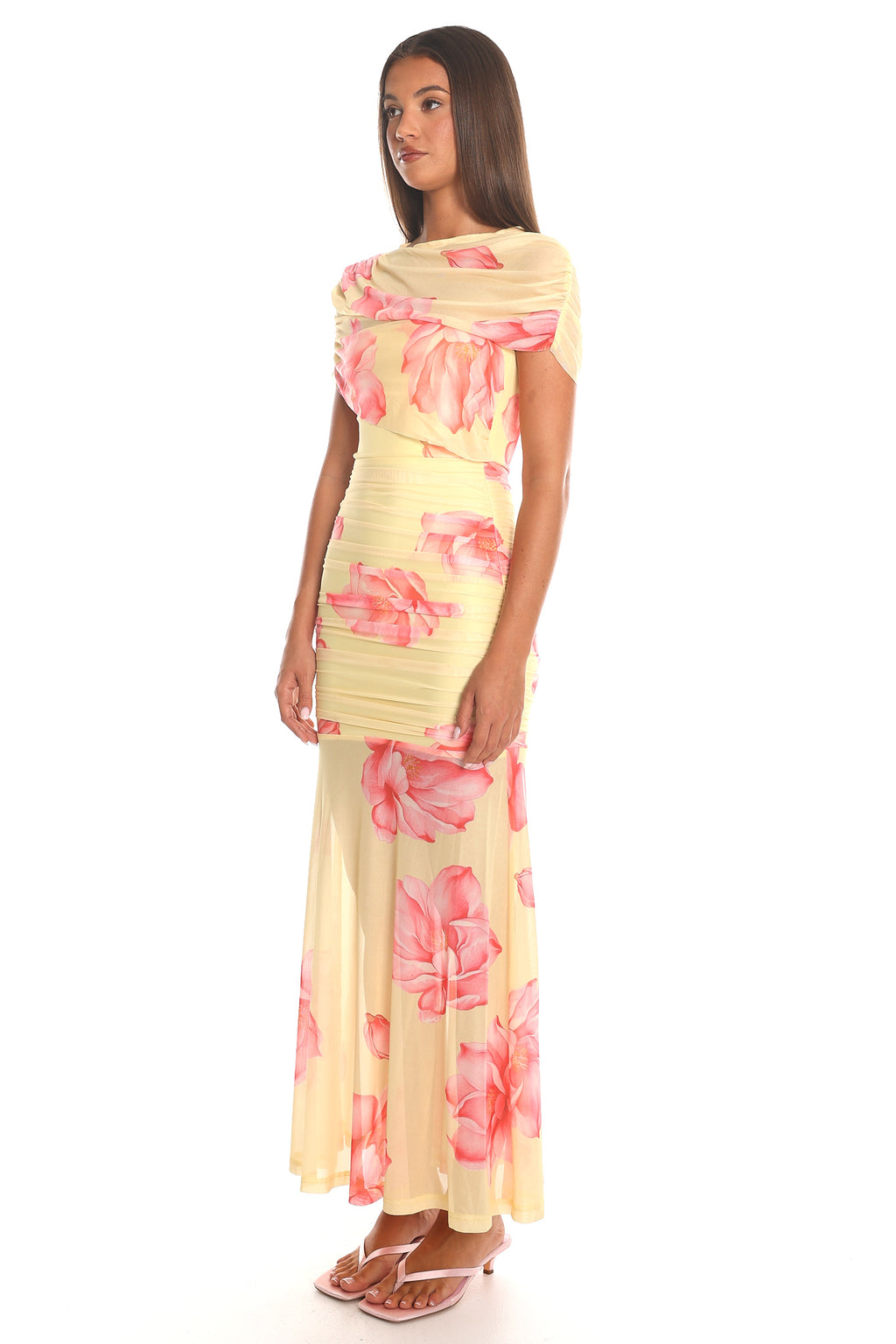 Camellia Nights Draped Mesh Maxi Dress Yellow