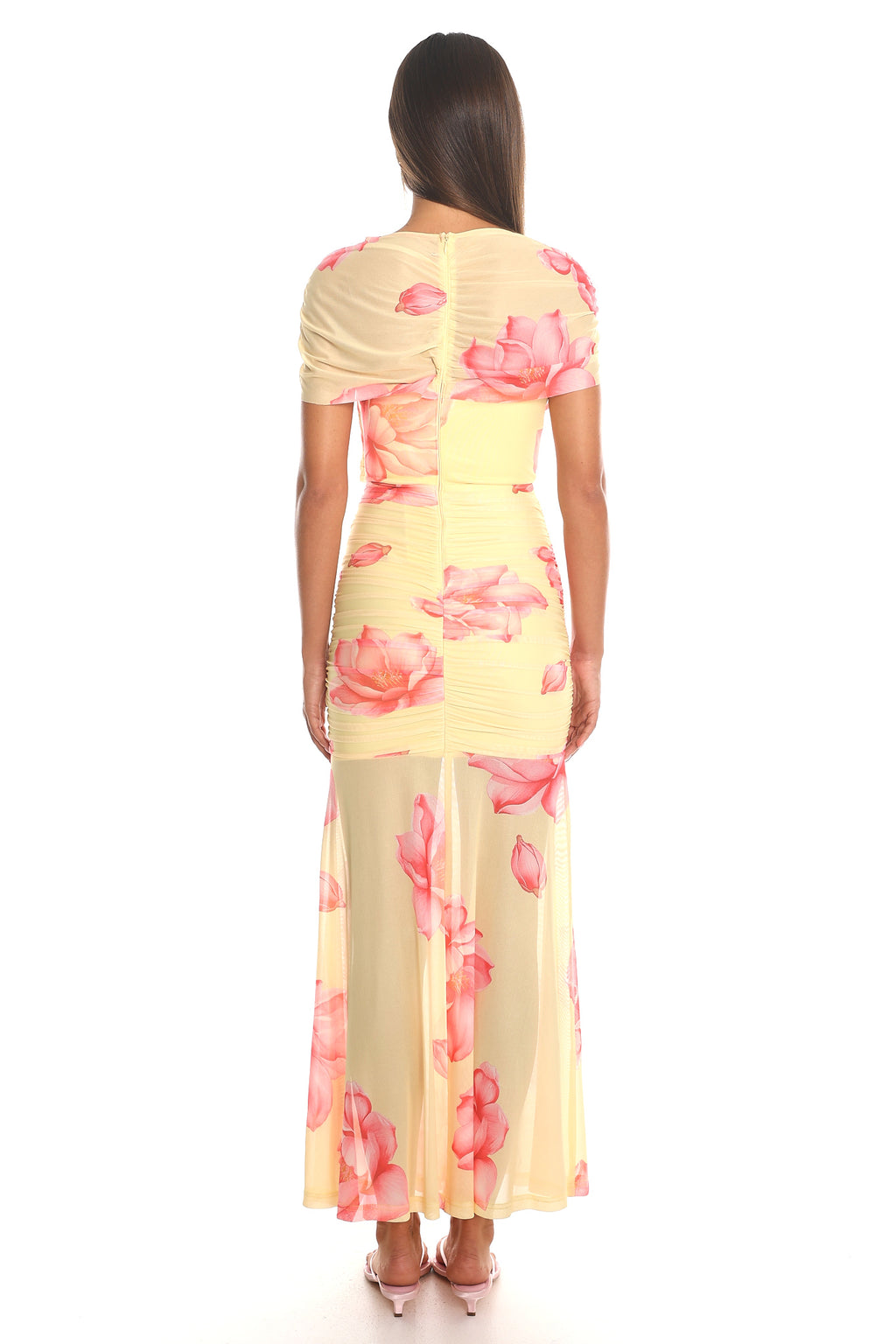 Camellia Nights Draped Mesh Maxi Dress Yellow