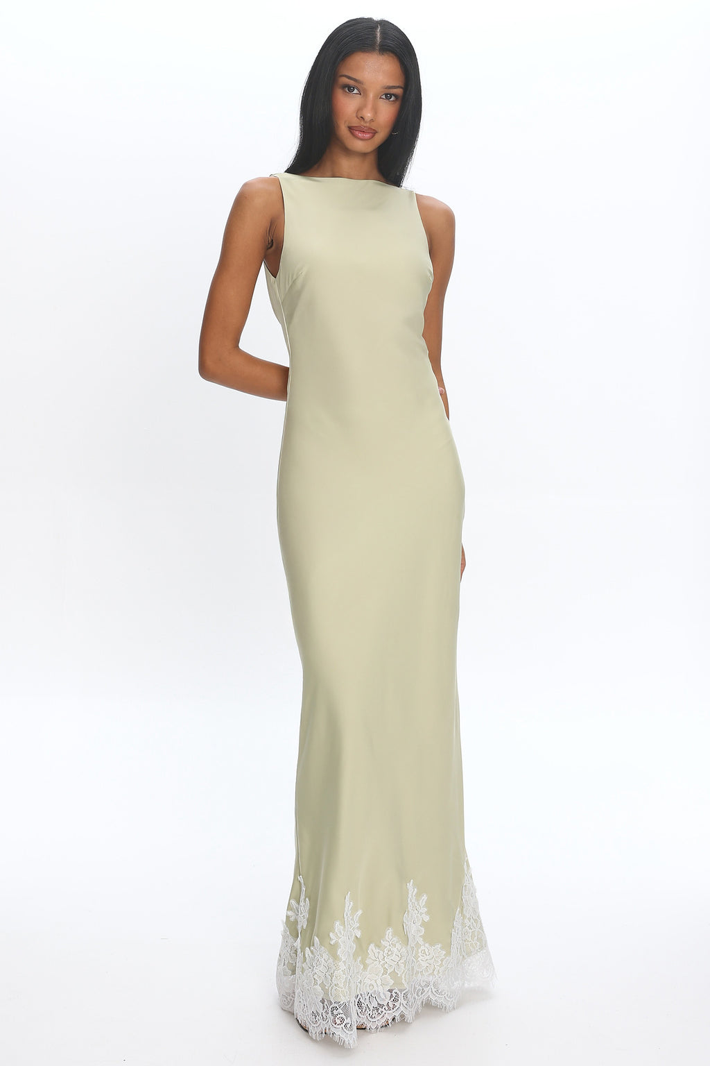 Bedouin Cowl-Back Lace-Hem Gown Matcha