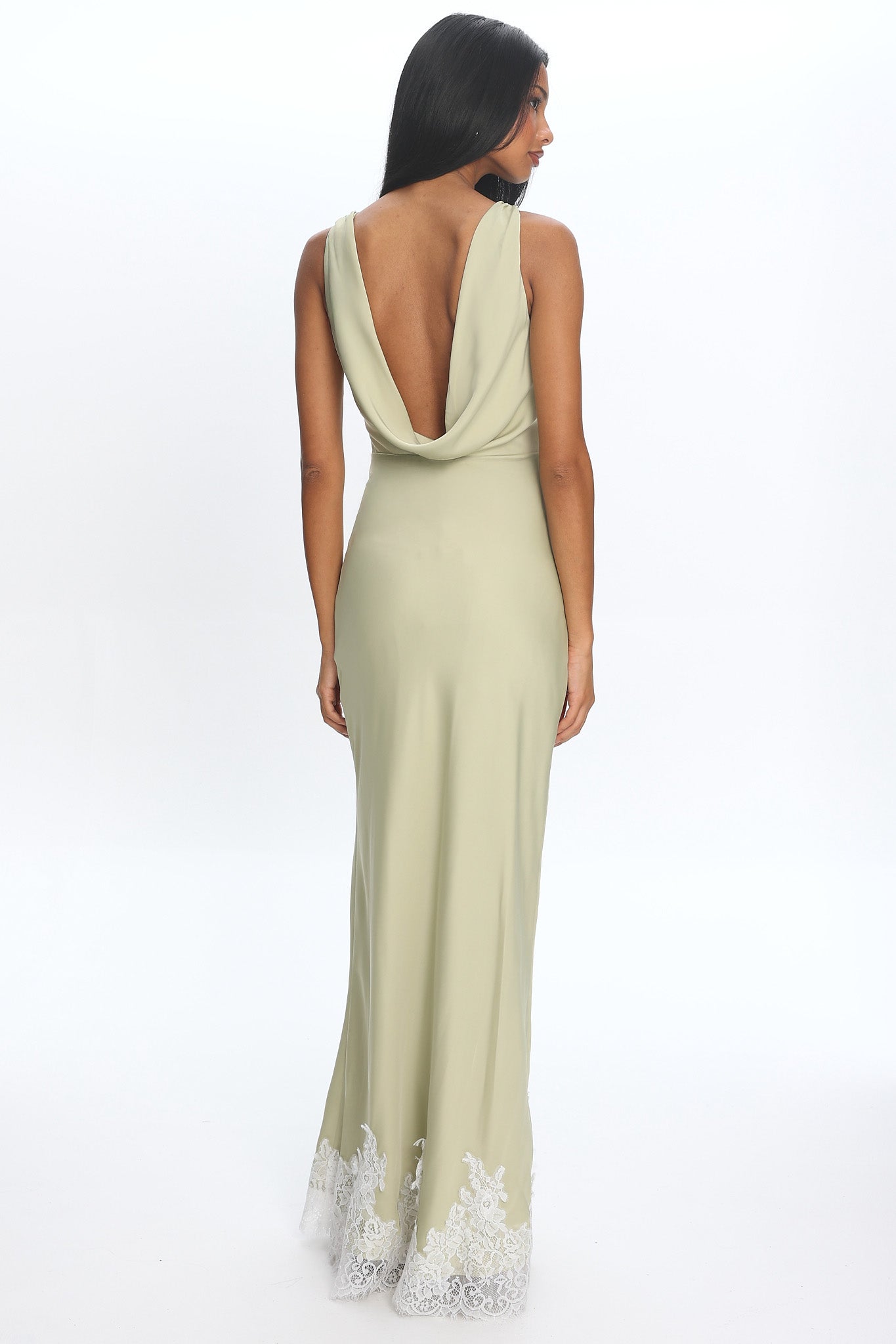 Bedouin Cowl-Back Lace-Hem Gown Matcha