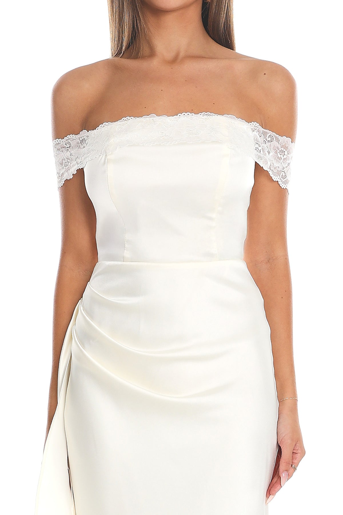 Solemn Vow Off-Shoulder Satin Gown Cream
