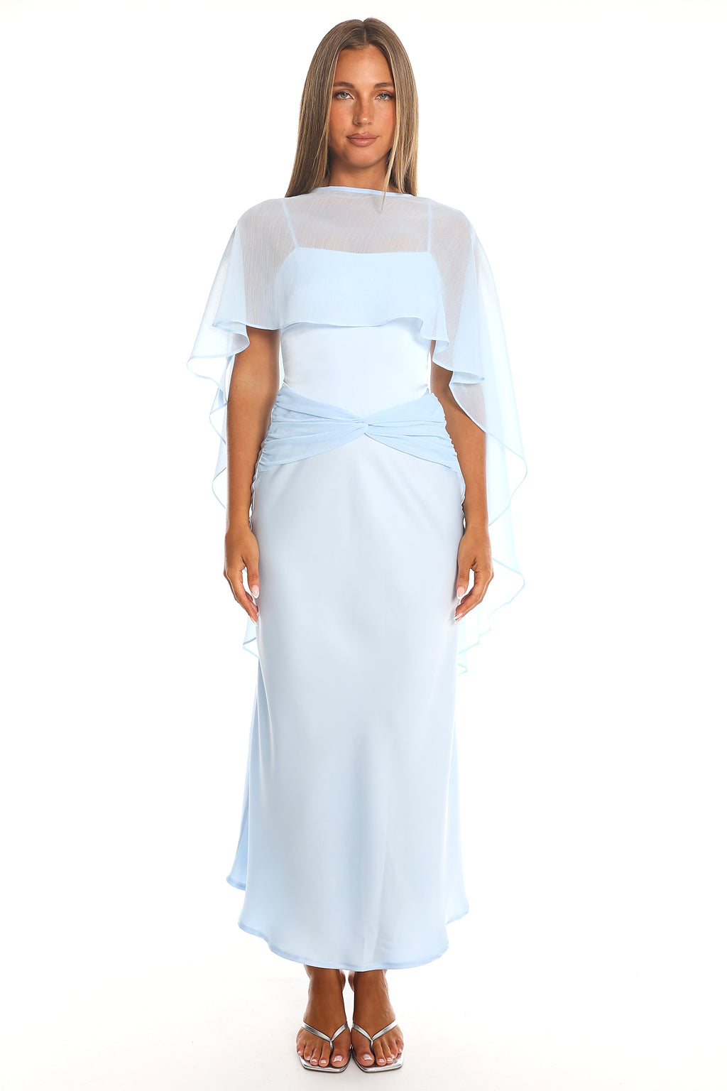 Larni Cape Twist-Waist Midi Dress Blue