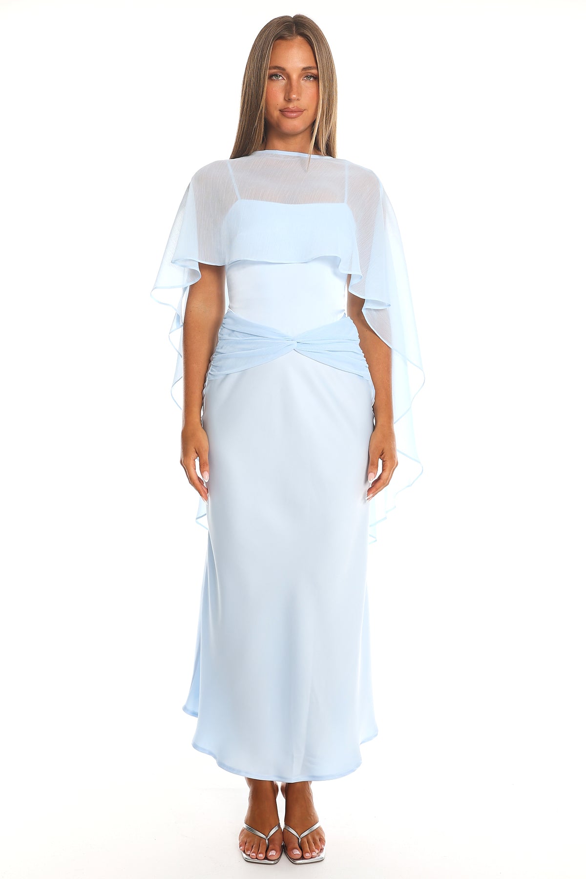 Larni Cape Twist-Waist Midi Dress Blue