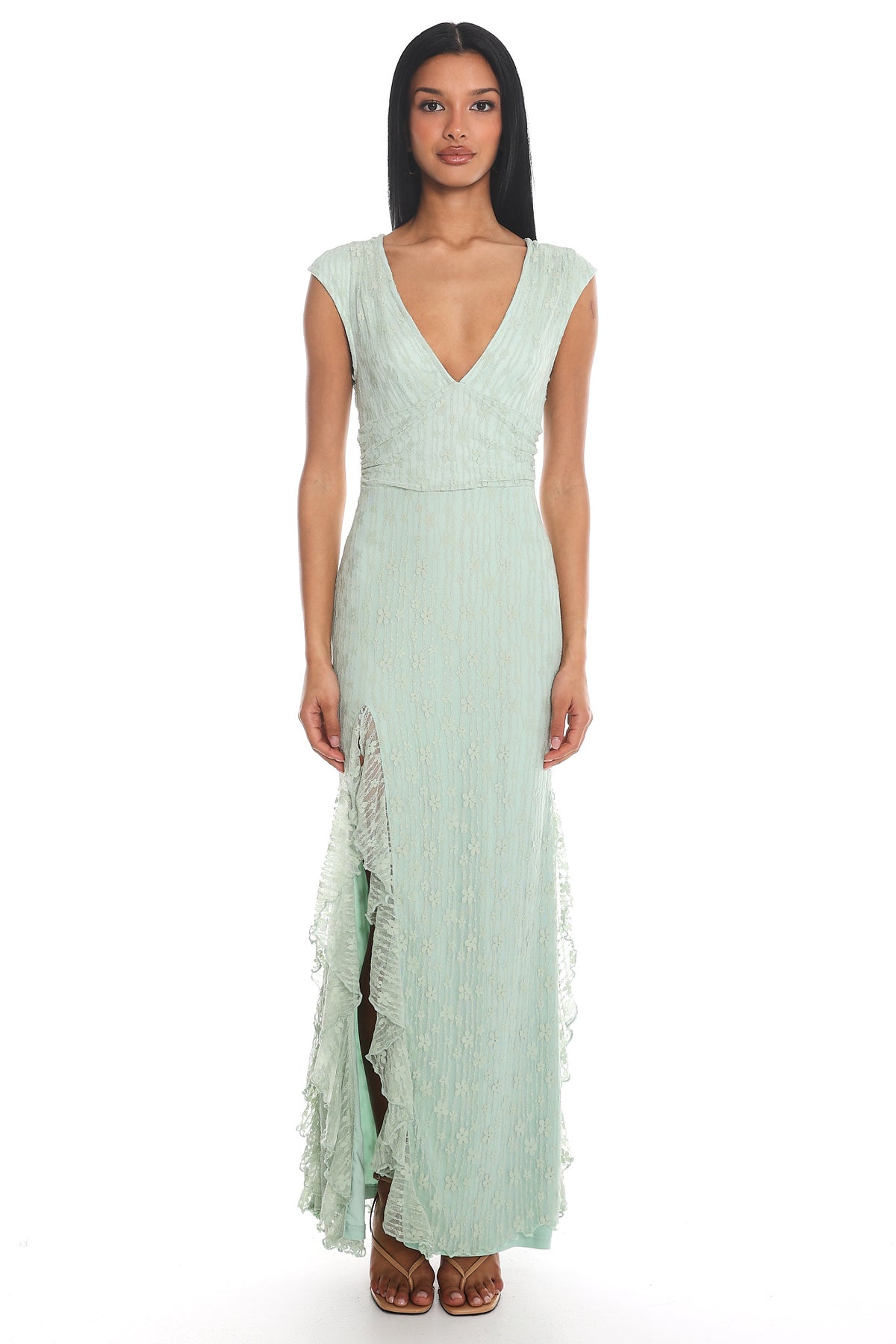 Mood Exposure Lace Ruffle Maxi Dress Sage