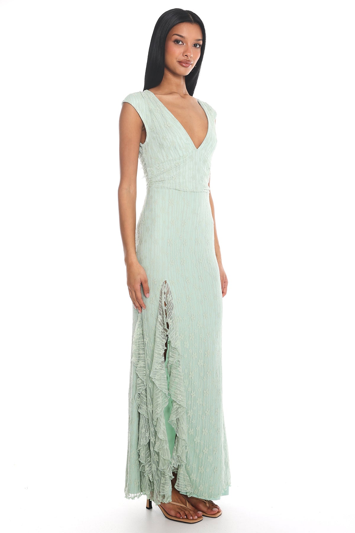 Mood Exposure Lace Ruffle Maxi Dress Sage