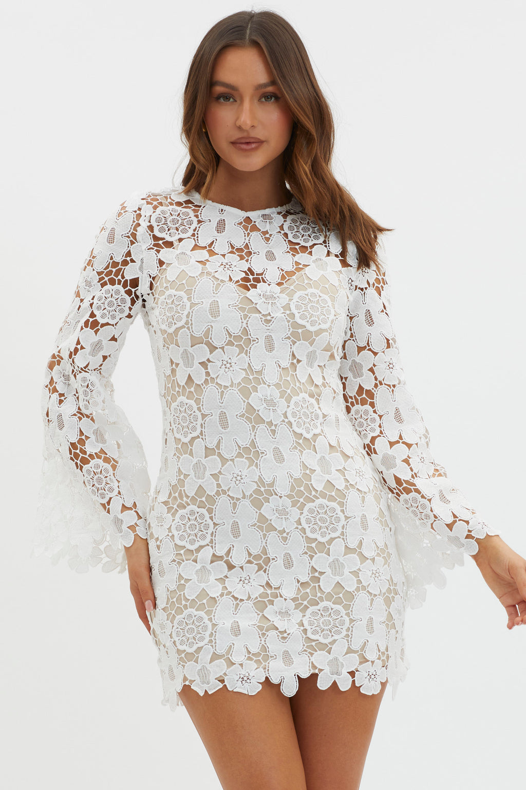 Reinhart Flared Sleeve Crochet Lace Dress White by Selfie Leslie Australia