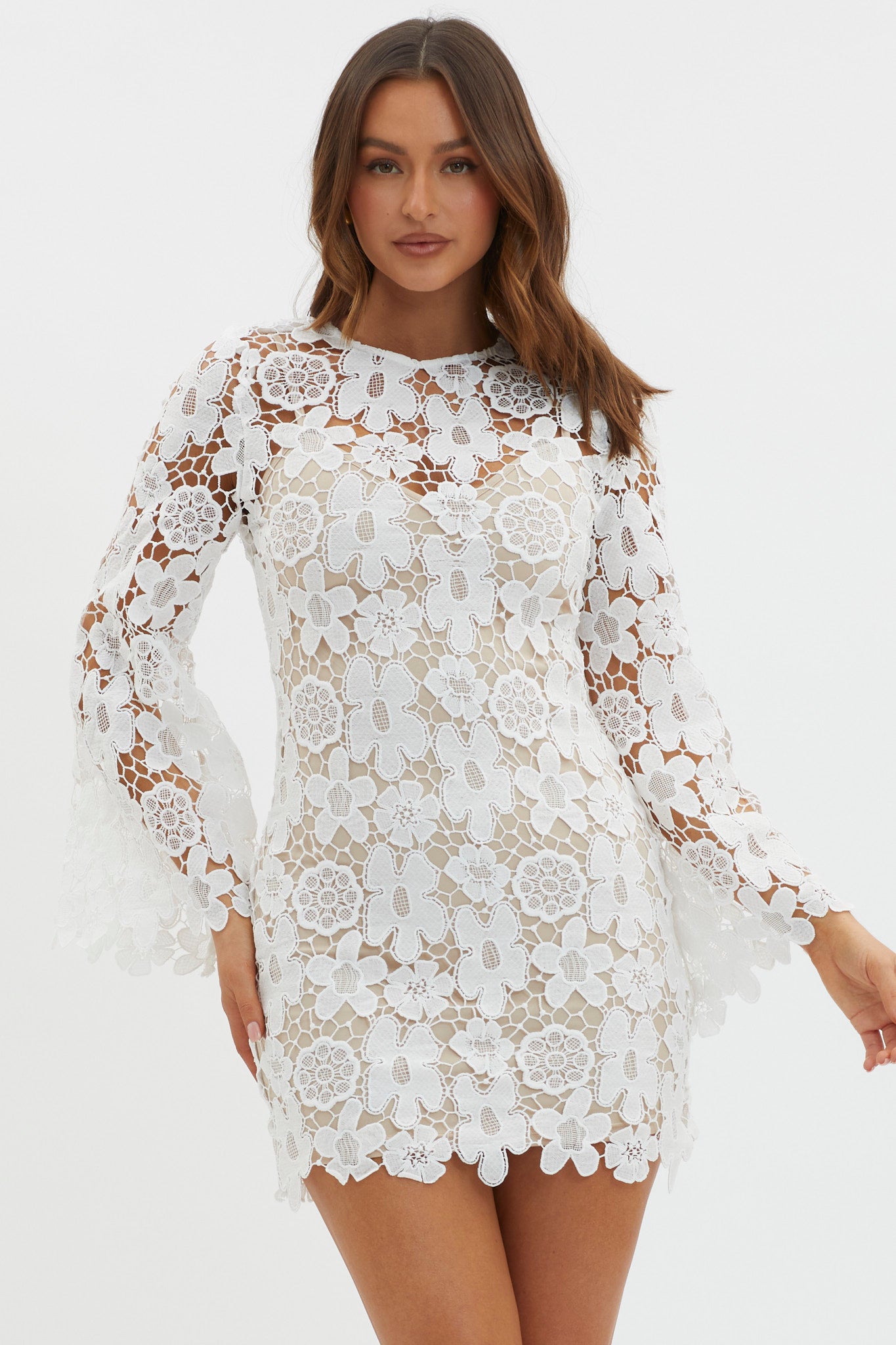 Shop the Reinhart Flared Sleeve Crochet Lace Dress White Selfie