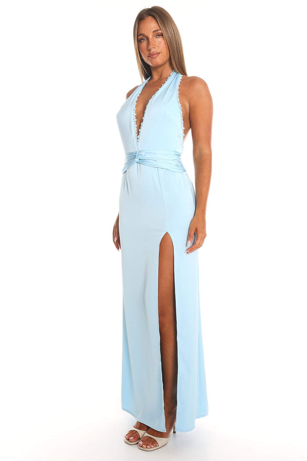 Sky Whisper Plunge Halter Maxi Dress Baby Blue