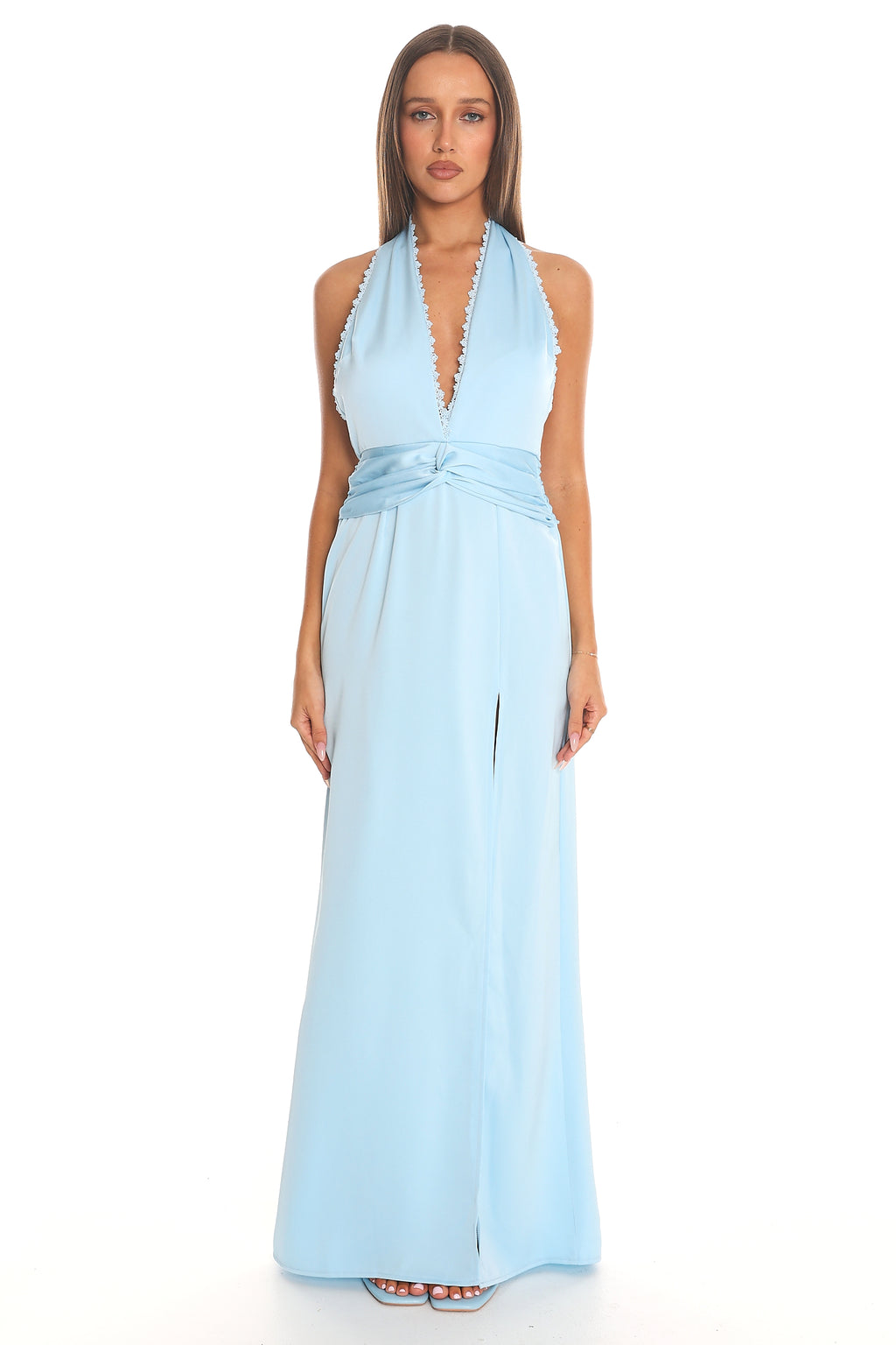 Sky Whisper Plunge Halter Maxi Dress Baby Blue