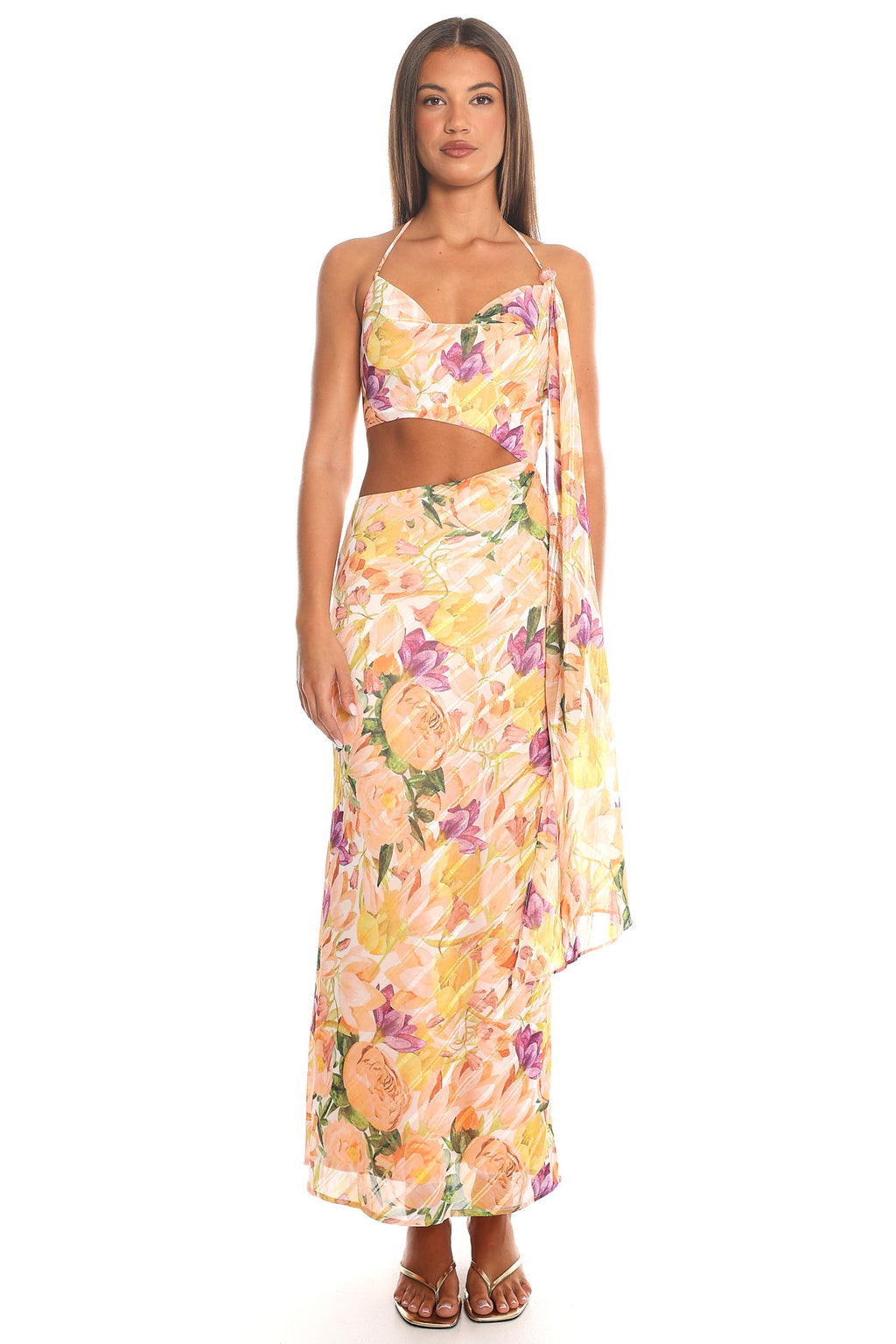 Orchard Kiss Cut-Out Halter Maxi Dress Orange