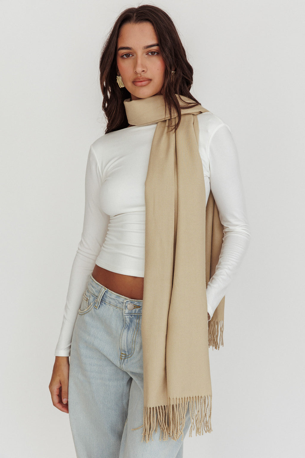 Diona Cashmere and Wool Fringed Scarf Beige by Selfie Leslie Australia