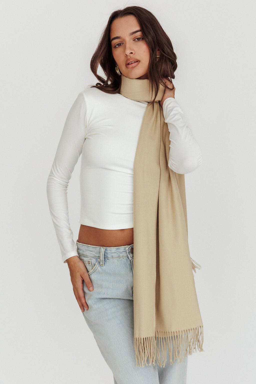 Diona Cashmere and Wool Fringed Scarf Beige by Selfie Leslie Australia