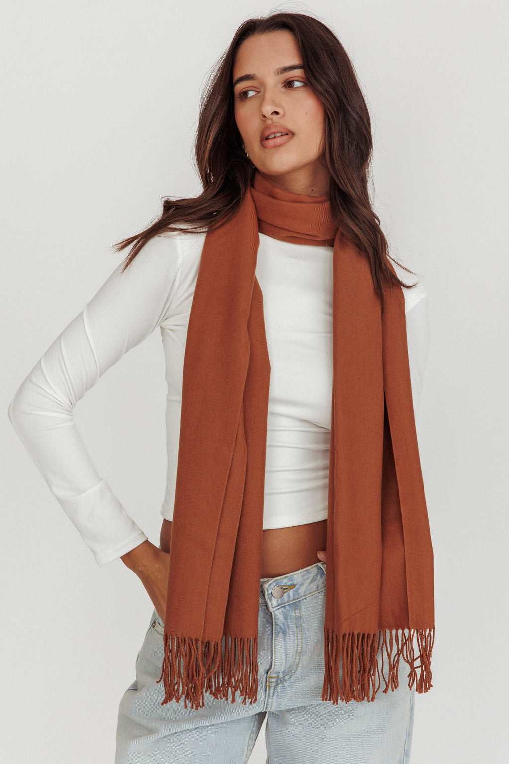 Diona Cashmere and Wool Fringed Scarf Brown by Selfie Leslie Australia